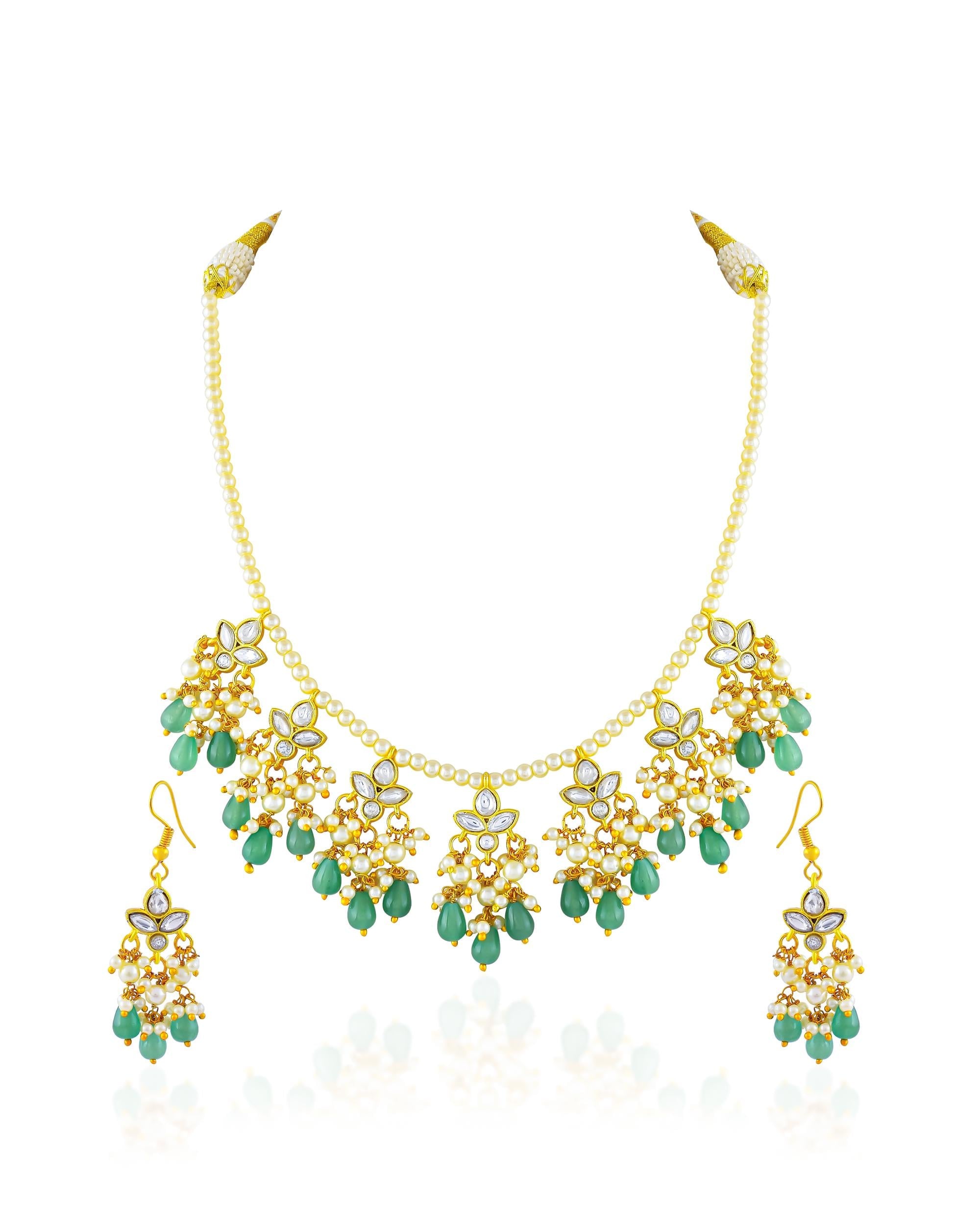 Mint Green Kundan Pearl Necklace Set with Chandbali Earrings | Traditional Indian Bridal Jewelry