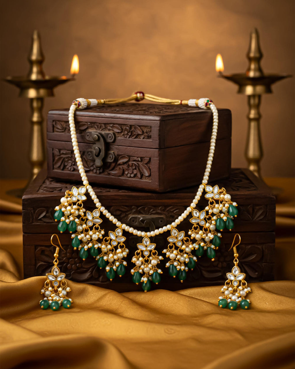 Mint Green Kundan Pearl Necklace Set with Chandbali Earrings | Traditional Indian Bridal Jewelry