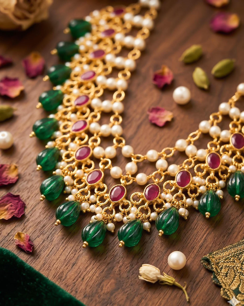 Layered Pearl Necklace Set with Red Green Kundan Bridal Jewelry