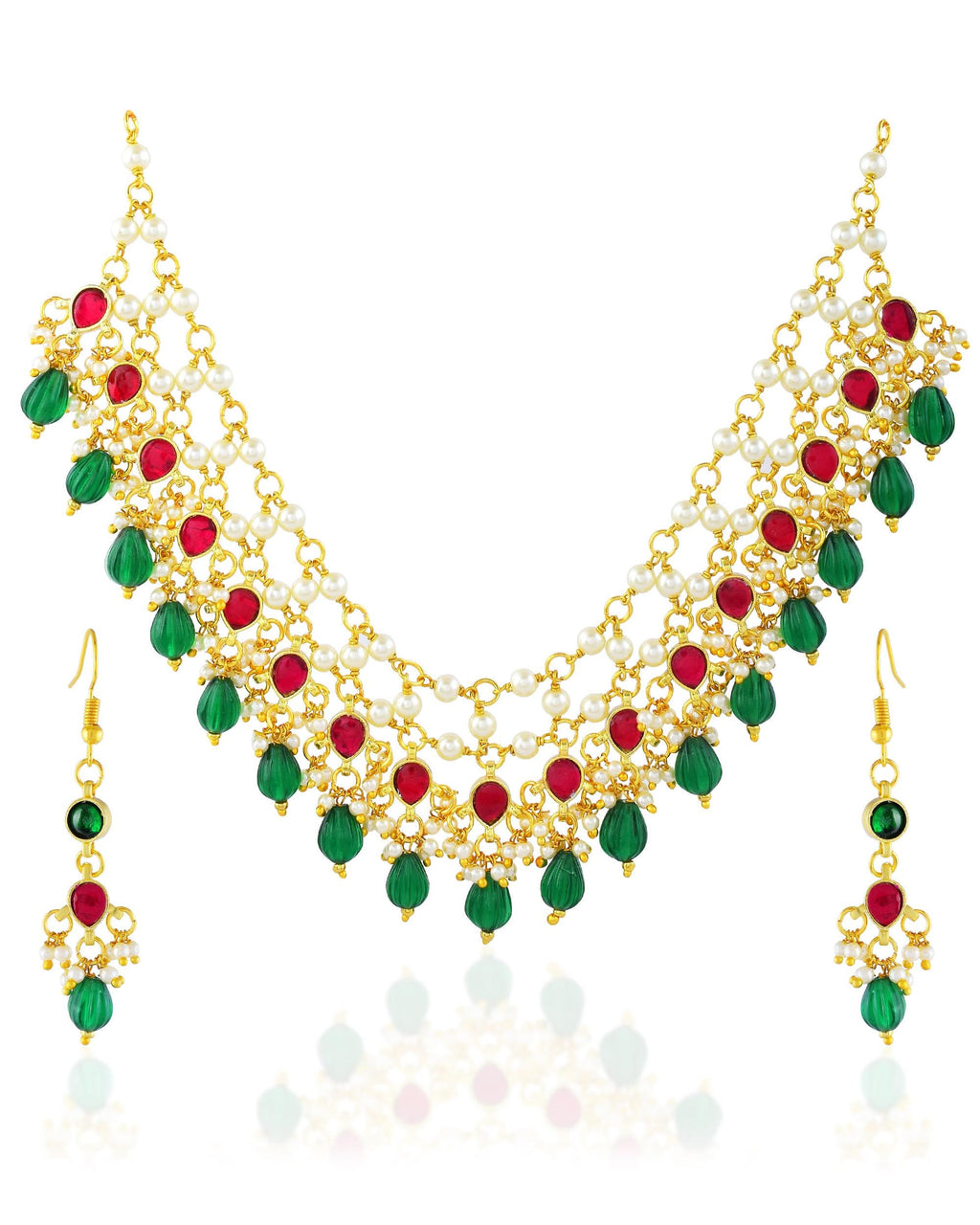Layered Pearl Necklace Set with Red Green Kundan Bridal Jewelry