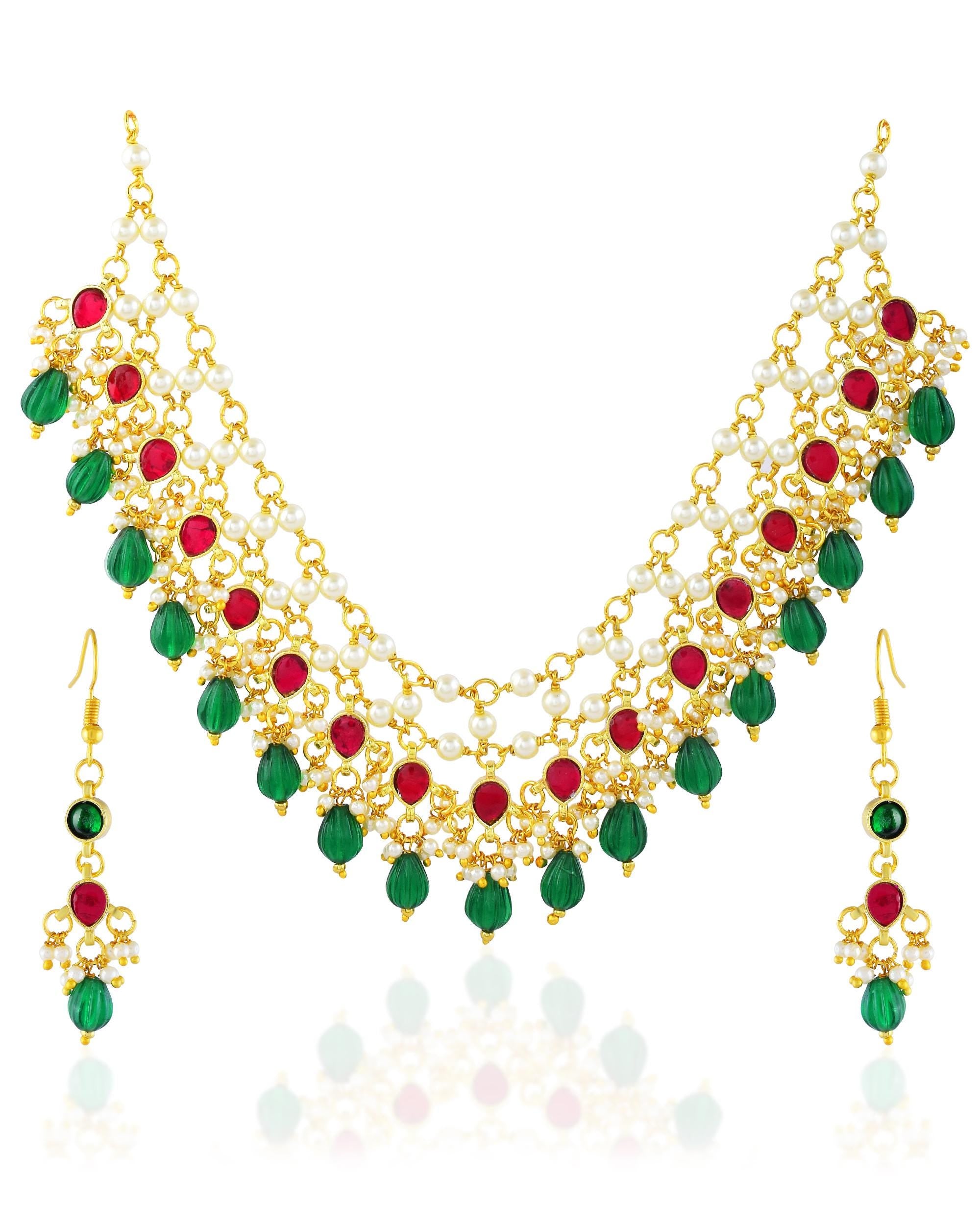 Layered Pearl Necklace Set with Red Green Kundan Bridal Jewelry