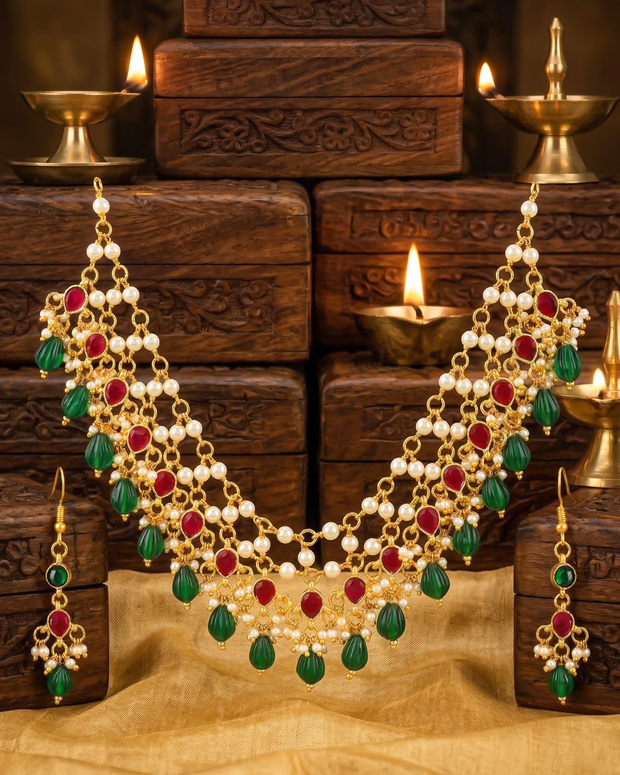 Layered Pearl Necklace Set with Red Green Kundan Bridal Jewelry