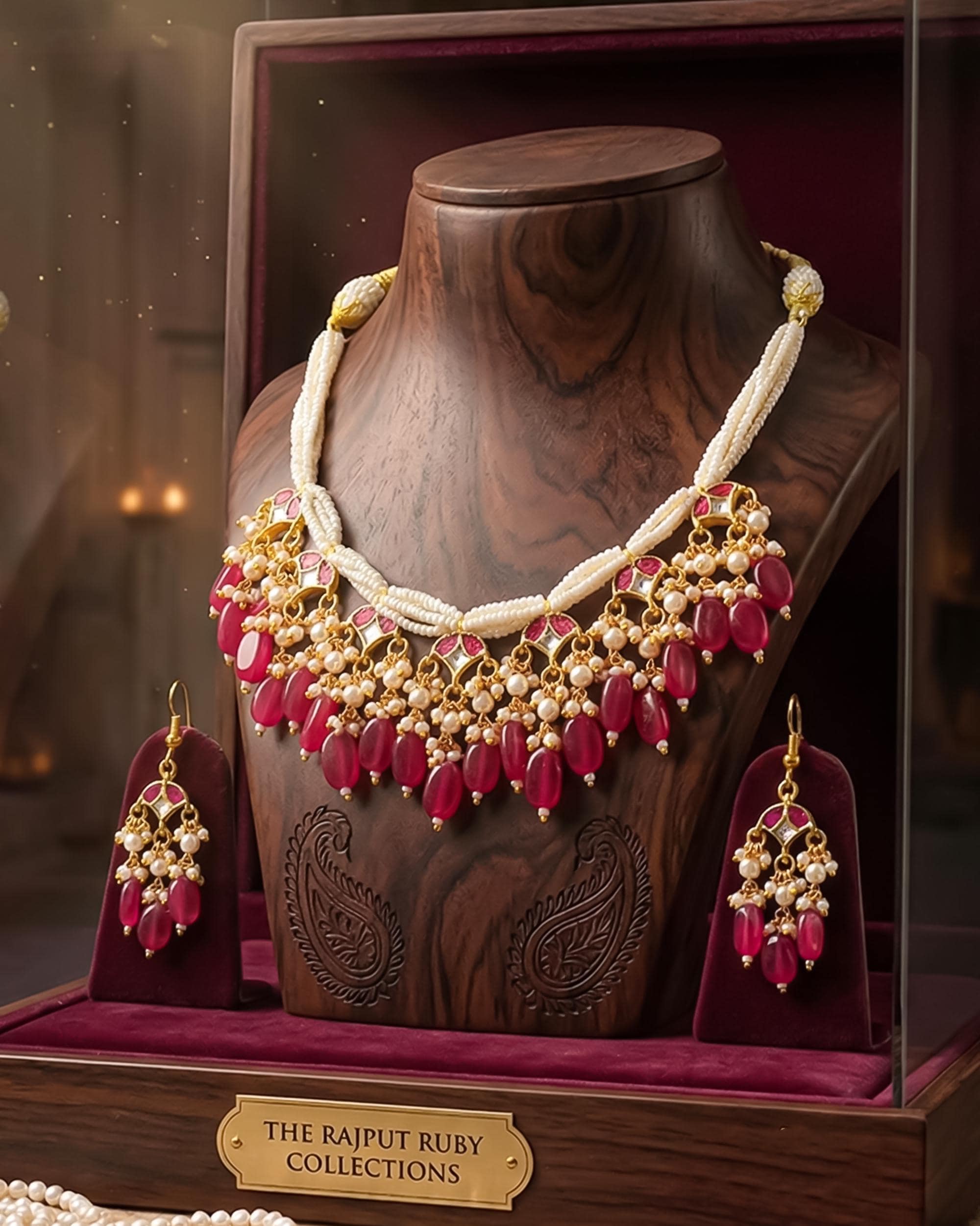 Red Pearl Kundan Necklace Set | Multi Strand Indian Bridal Jewelry