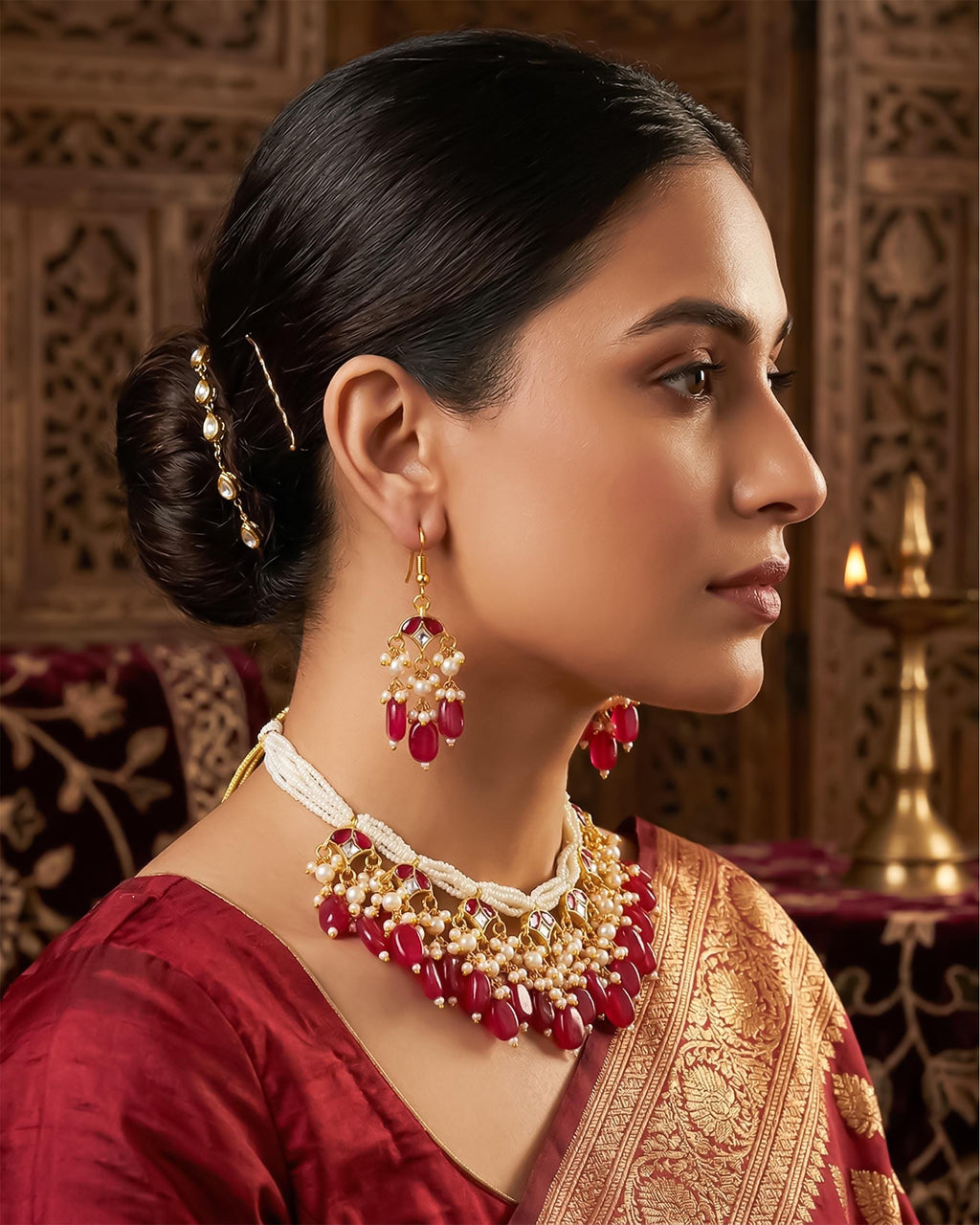Red Pearl Kundan Necklace Set | Multi Strand Indian Bridal Jewelry