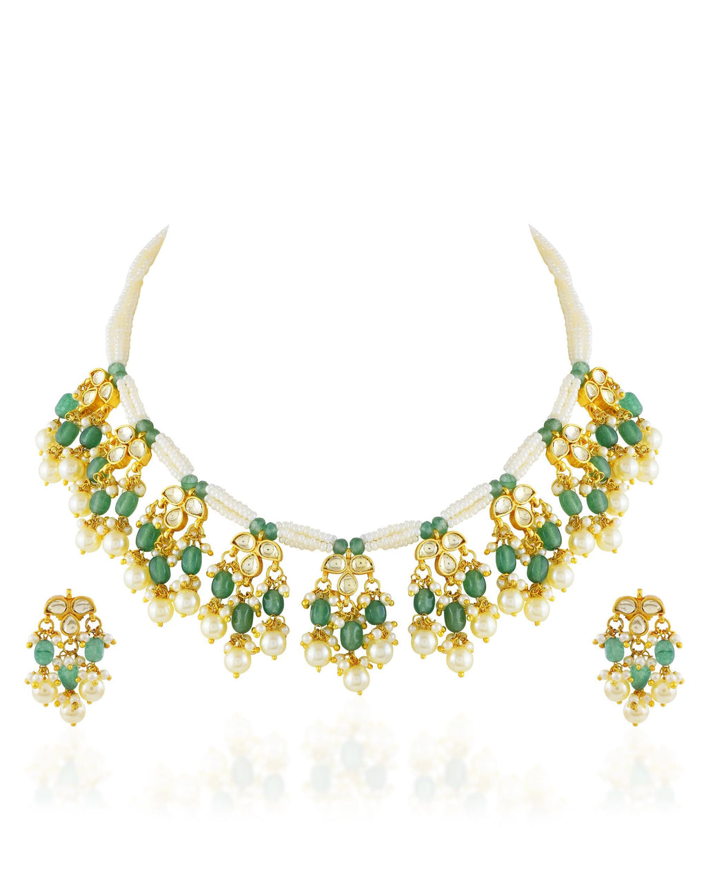 Green Pearl Kundan Necklace Set with Jhumki Earrings | Traditional Indian Bridal Jewelry