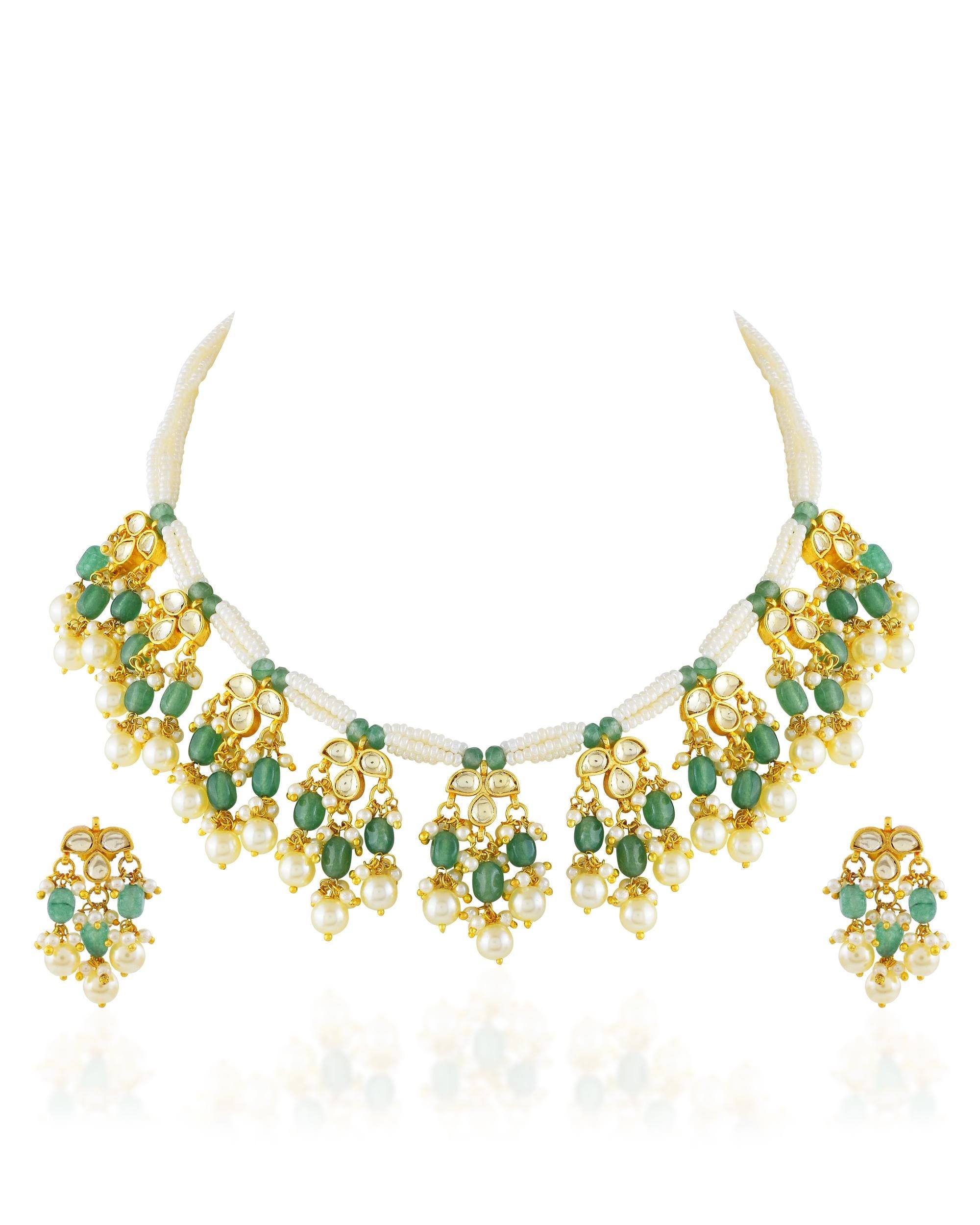 Green Pearl Kundan Necklace Set with Jhumki Earrings | Traditional Indian Bridal Jewelry