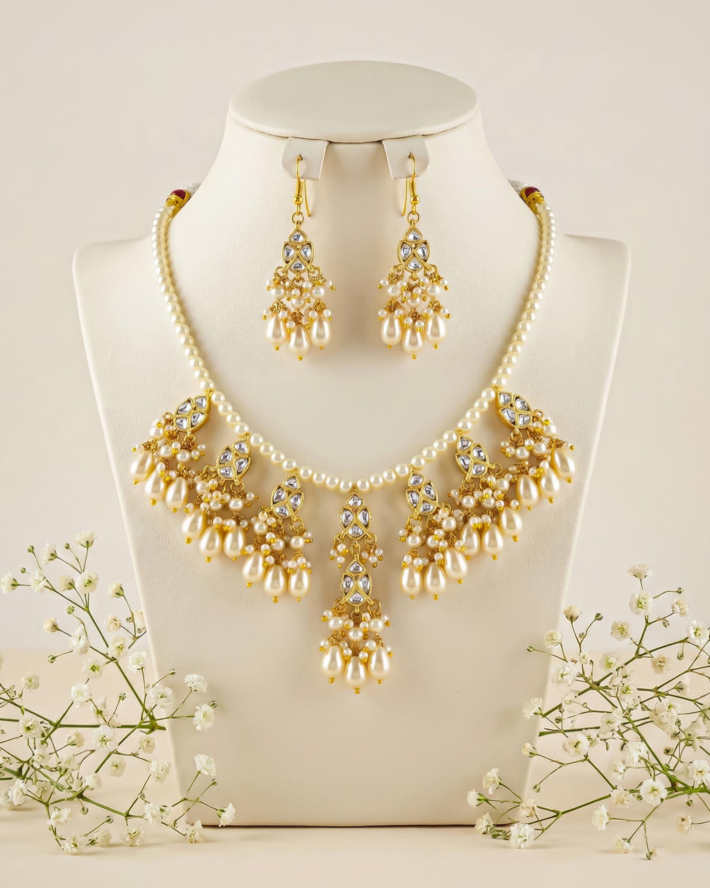 Pearl Kundan Necklace Earrings Set | Traditional Indian Bridal Jewelry
