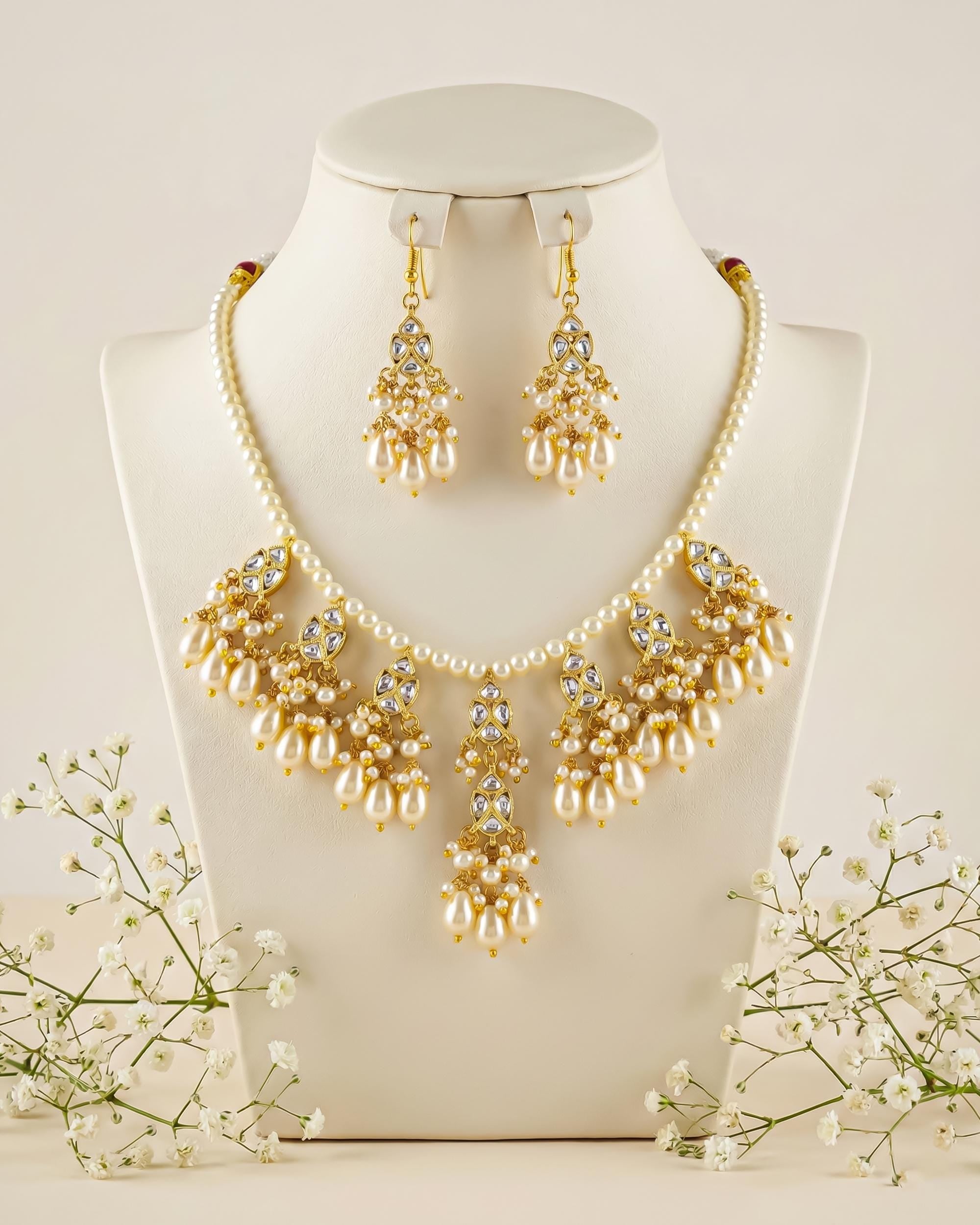 Pearl Kundan Necklace Earrings Set | Traditional Indian Bridal Jewelry