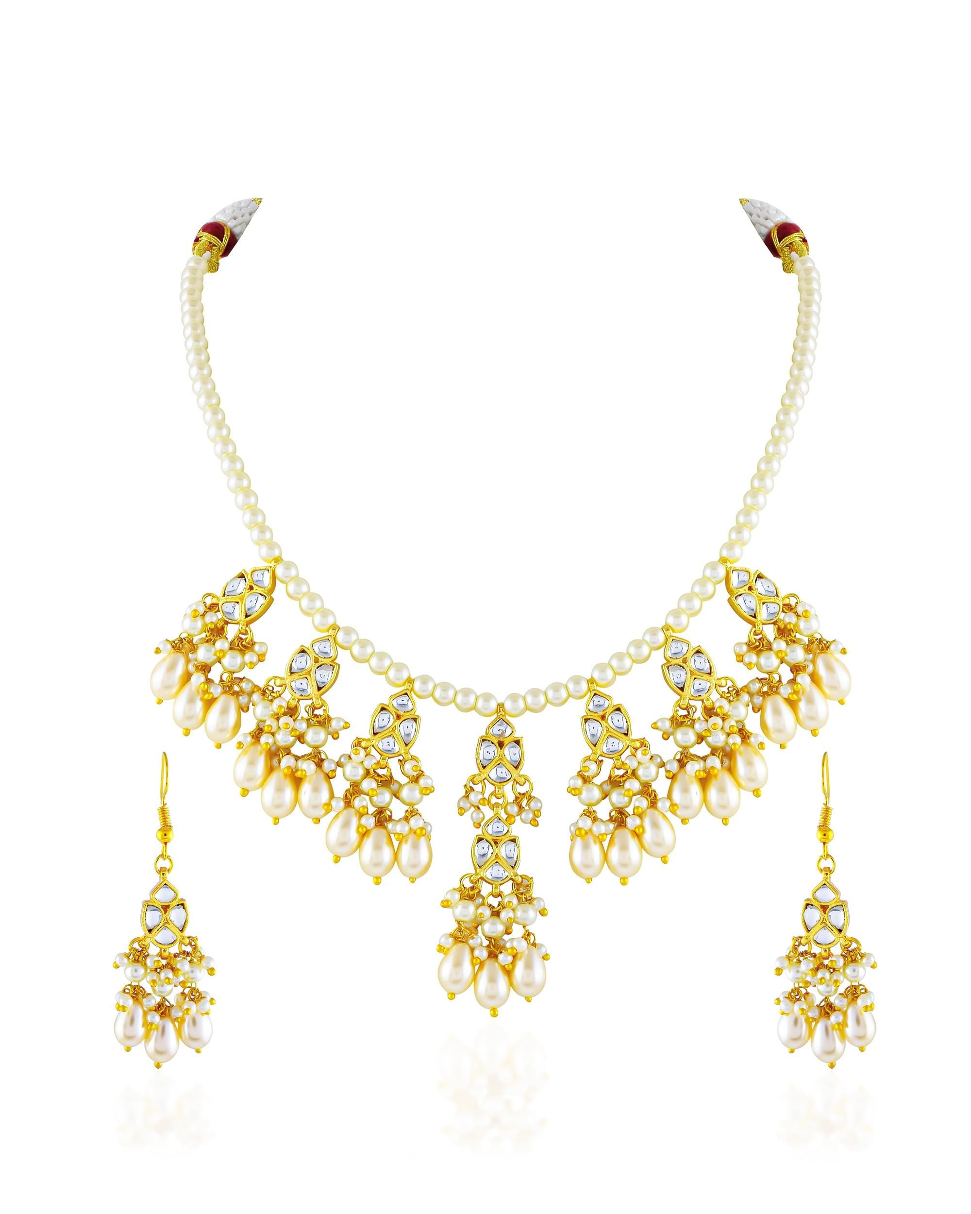 Pearl Kundan Necklace Earrings Set | Traditional Indian Bridal Jewelry