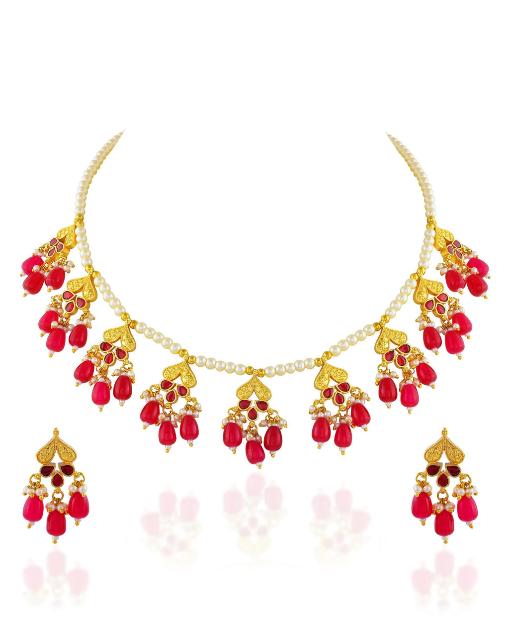 Ruby Red Pearl Kundan Necklace Set | Traditional Indian Bridal Jewelry