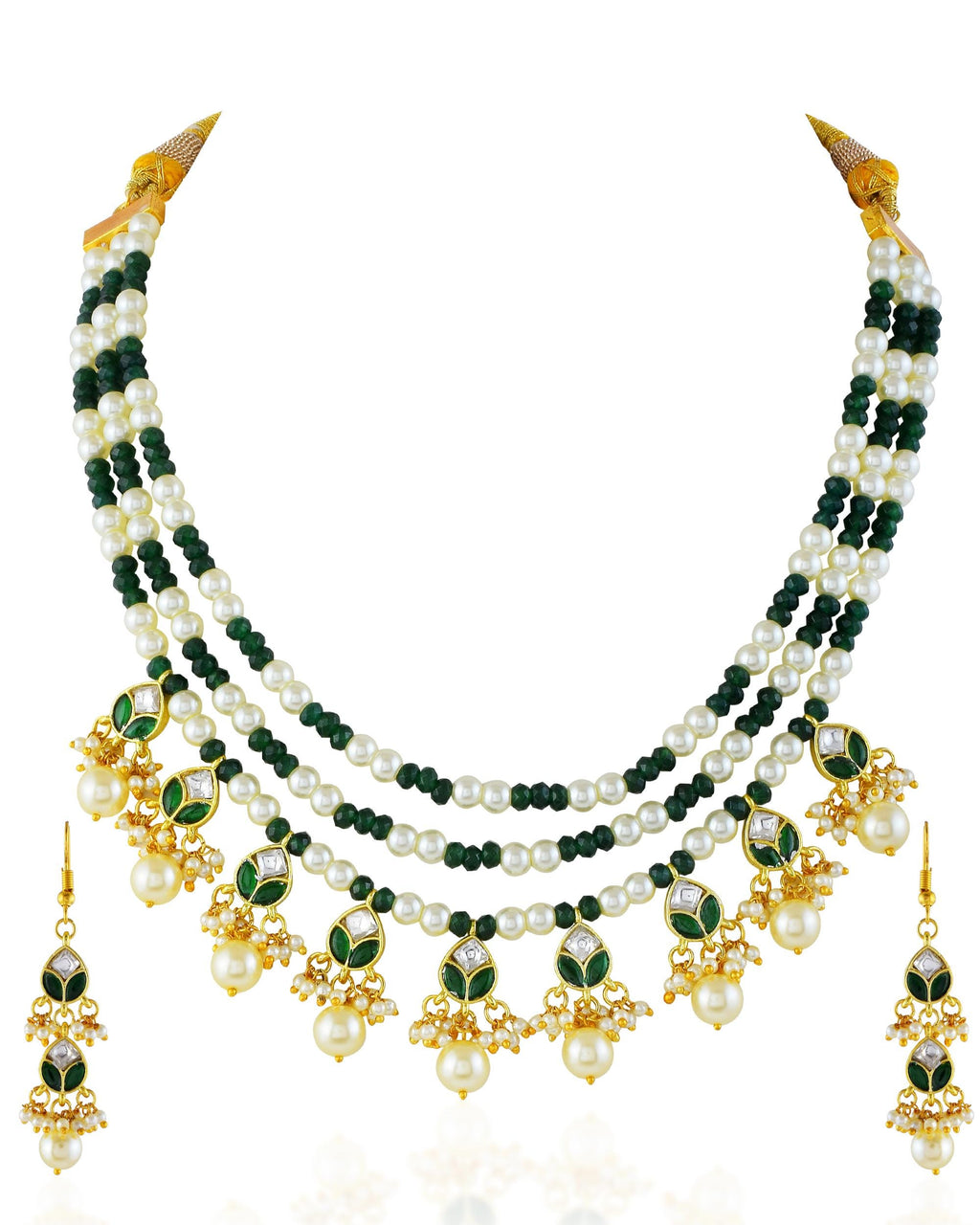 Green Pearl Multi Layer Necklace Earrings Set | Traditional Indian Bridal Jewelry