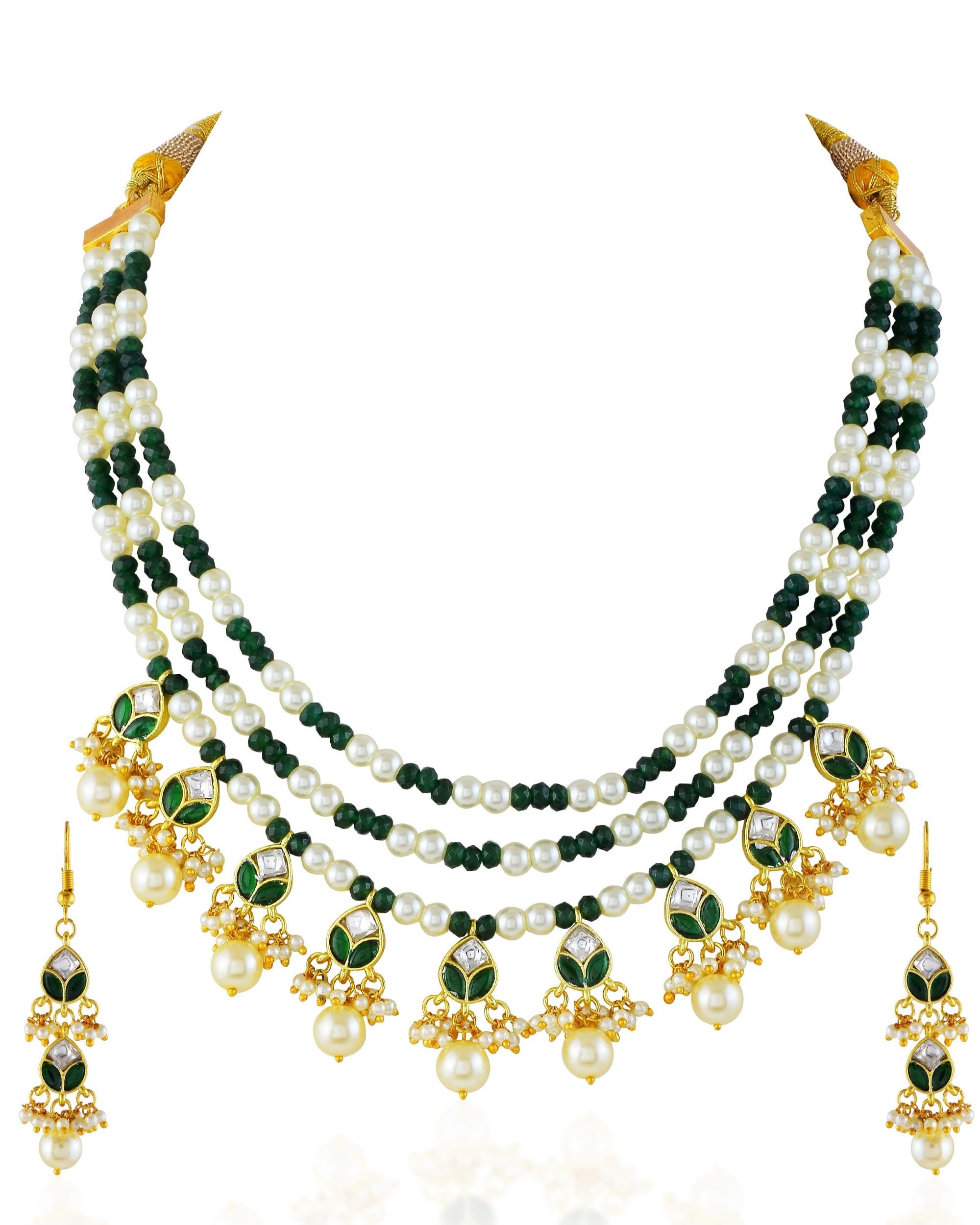 Green Pearl Multi Layer Necklace Earrings Set | Traditional Indian Bridal Jewelry