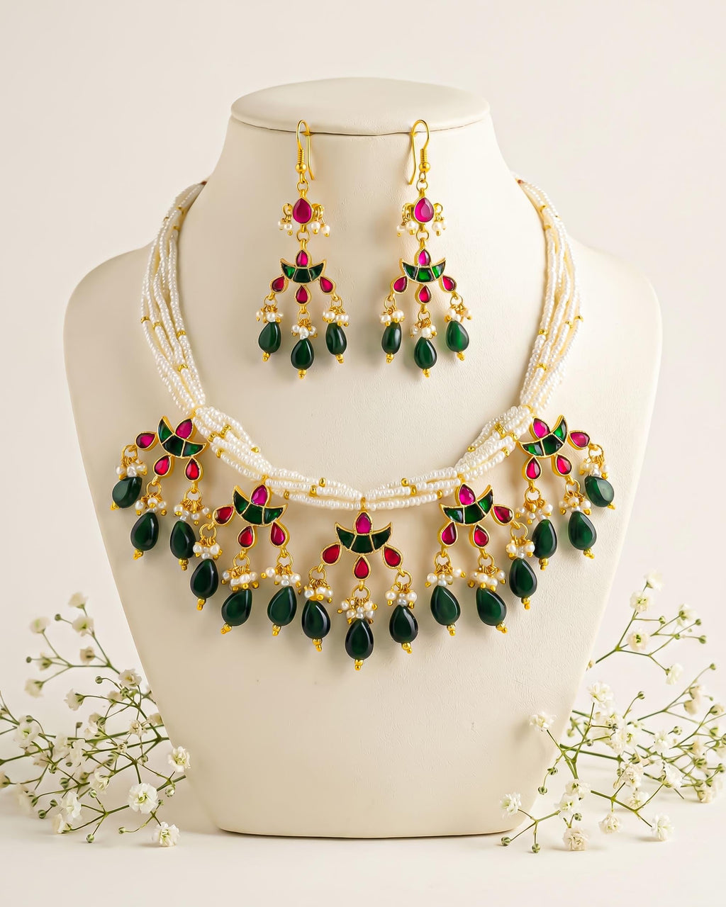 Multi Layer Pearl Kundan Necklace Set | Red Green Indian Bridal Jewelry