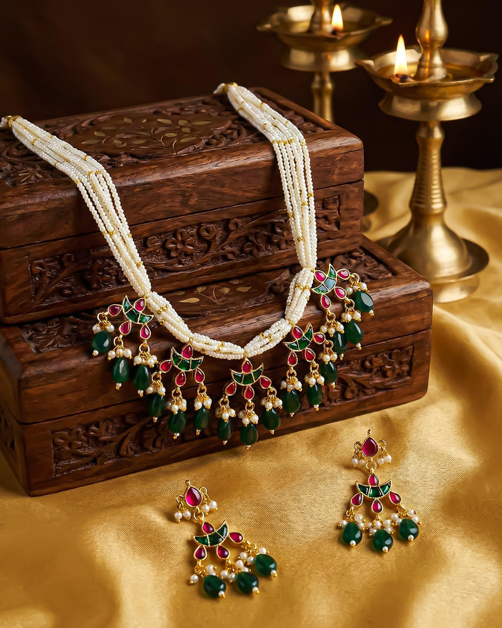 Multi Layer Pearl Kundan Necklace Set | Red Green Indian Bridal Jewelry