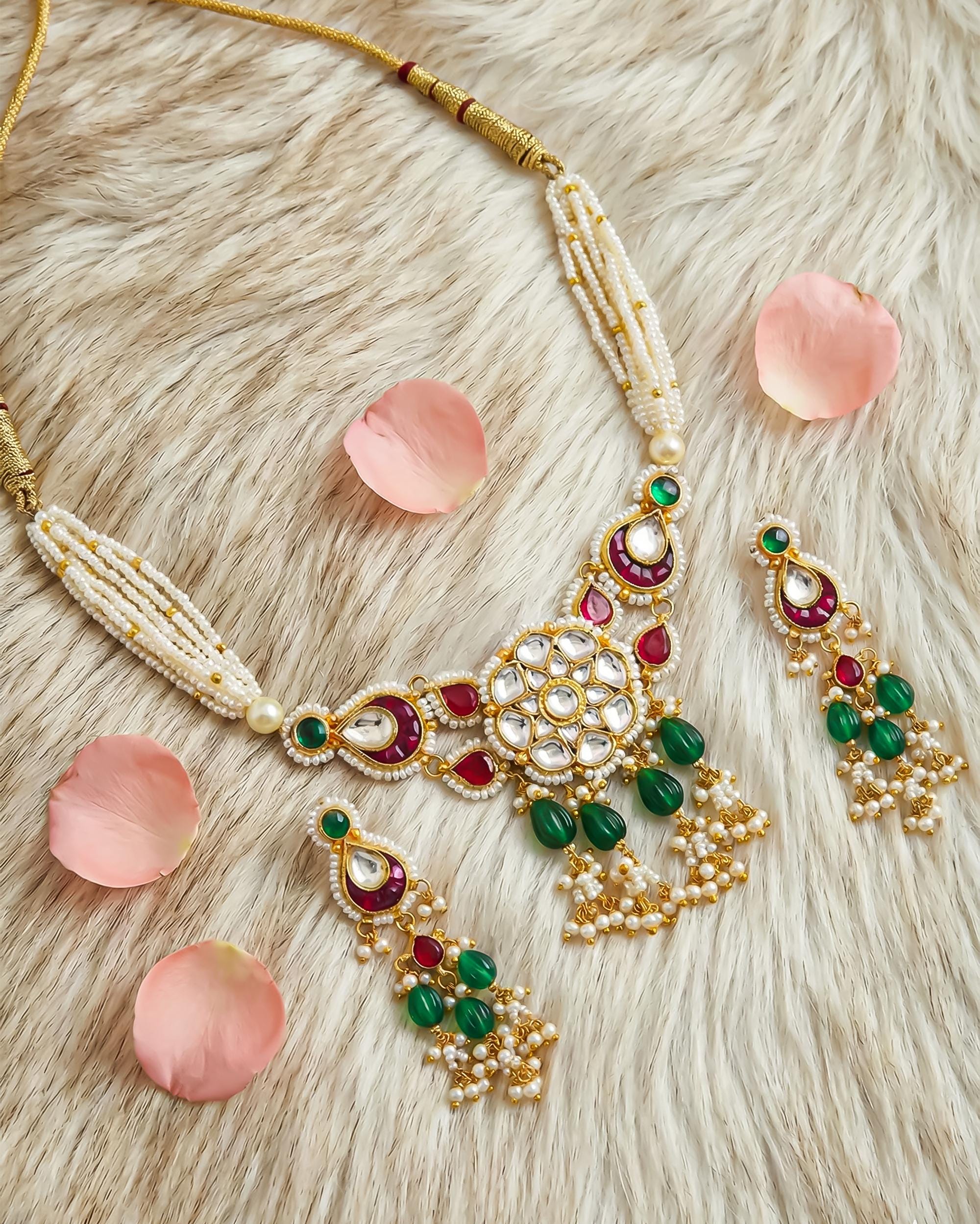 Kundan Pearl Statement Necklace Set with Earrings | Red Green Indian Bridal Wedding Jewelry