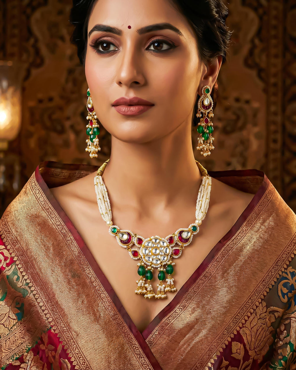 Kundan Pearl Statement Necklace Set with Earrings | Red Green Indian Bridal Wedding Jewelry