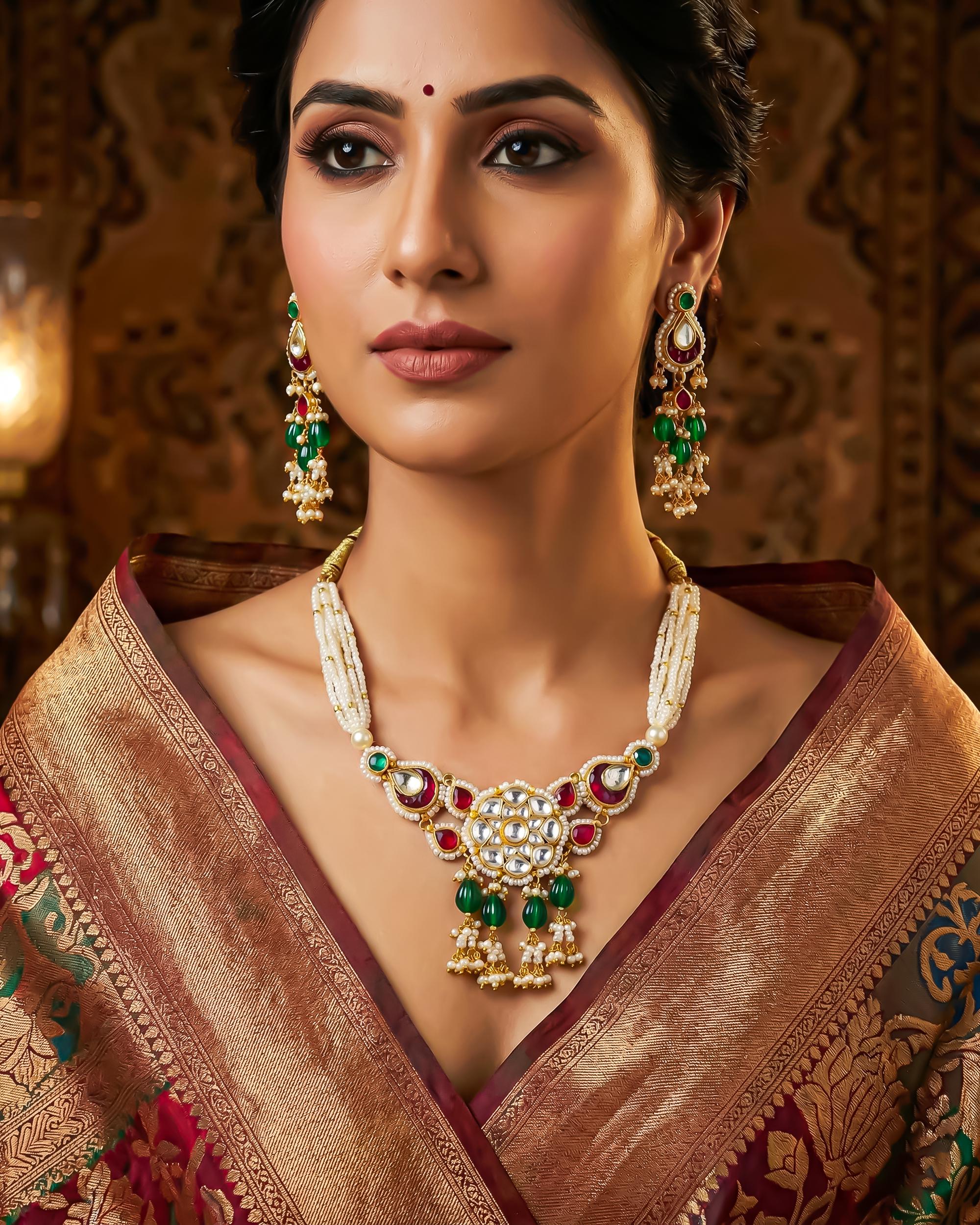 Kundan Pearl Statement Necklace Set with Earrings | Red Green Indian Bridal Wedding Jewelry