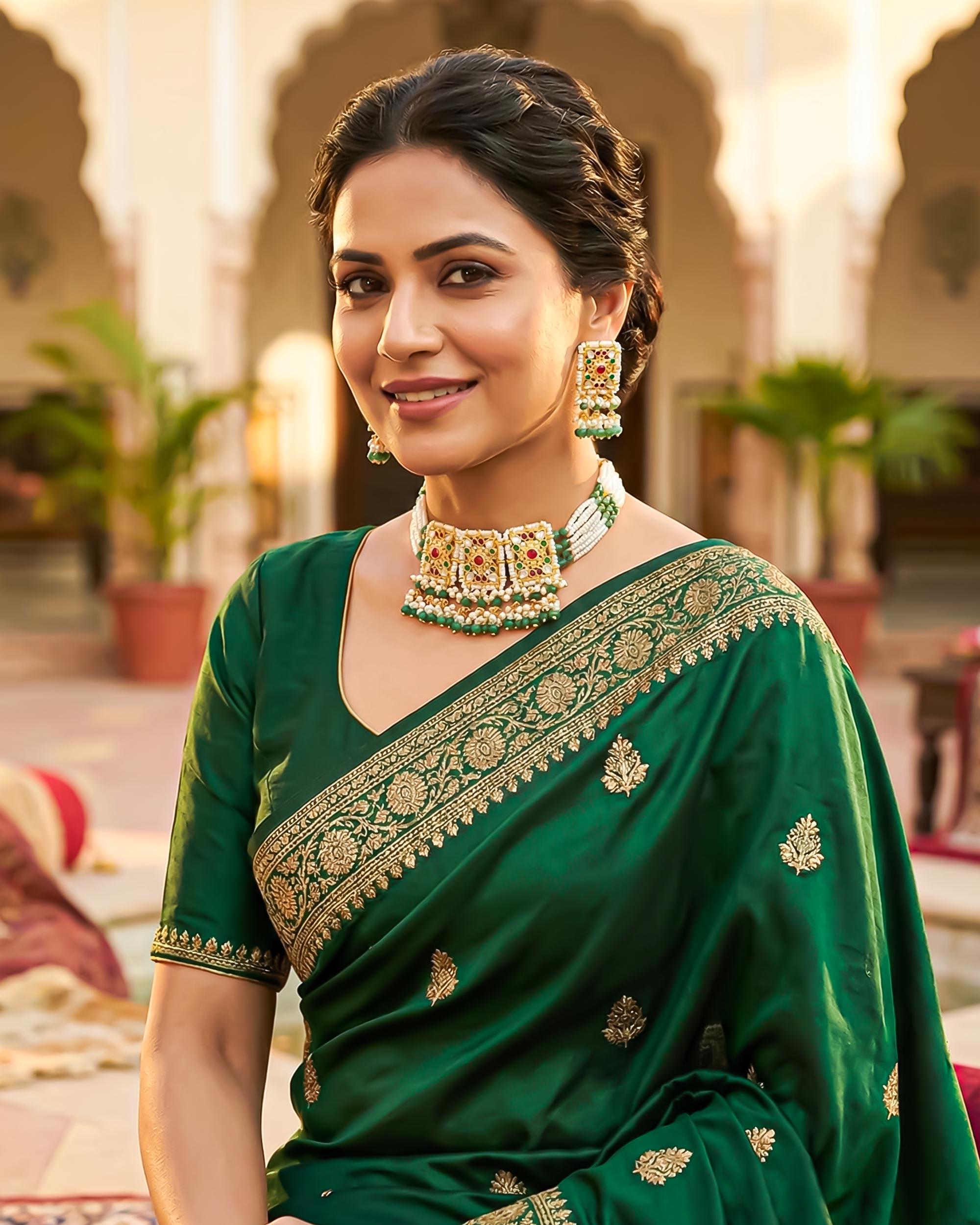 Kundan Choker Necklace Set | Green Pearl Bridal Jewelry | Polki Earrings