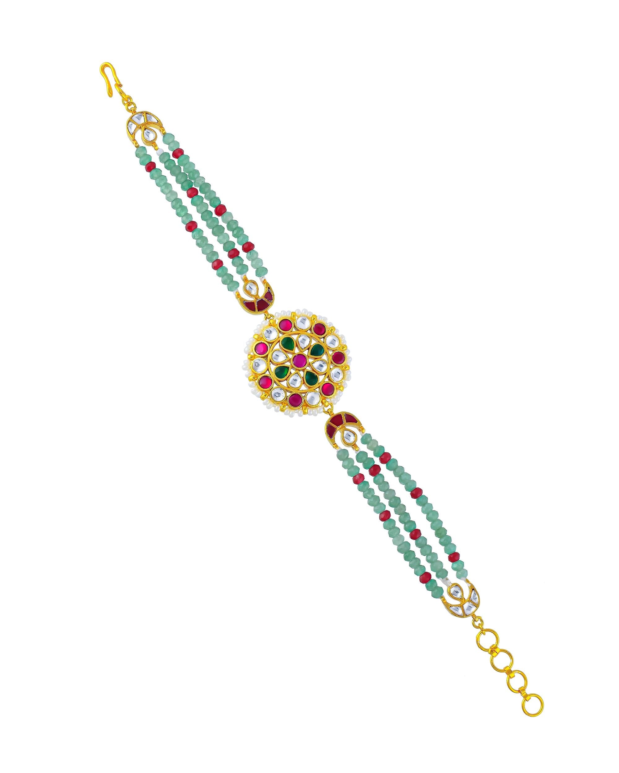 Handcrafted Pachi Kundan Bracelet, Gold Plated Meenakari Kada, Green Beaded Bridal Jewelry
