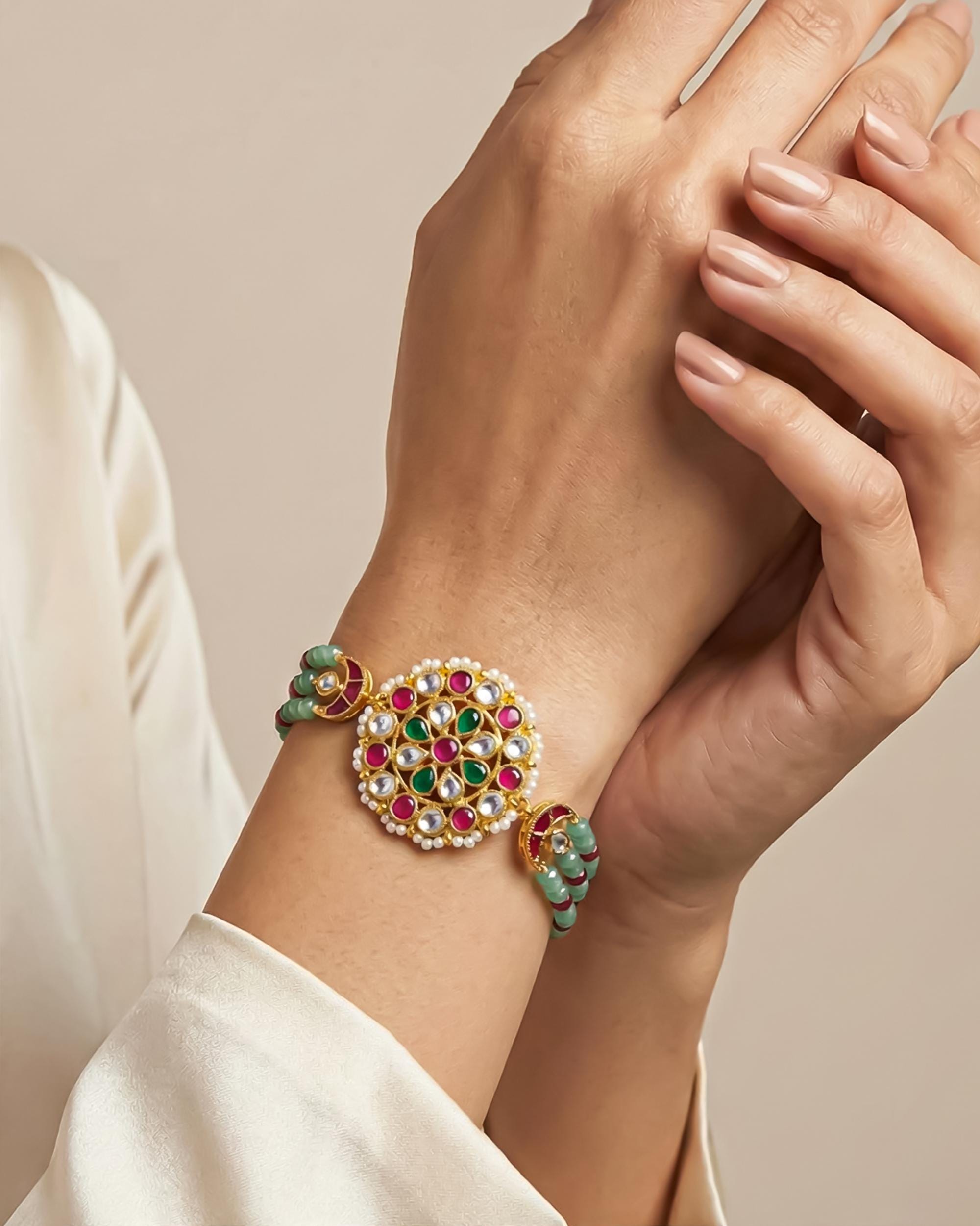 Handcrafted Pachi Kundan Bracelet, Gold Plated Meenakari Kada, Green Beaded Bridal Jewelry
