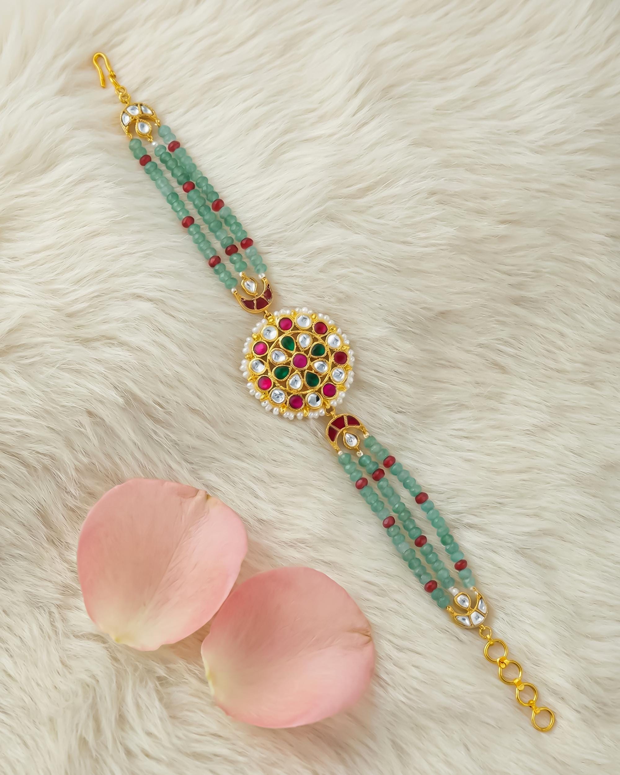 Handcrafted Pachi Kundan Bracelet, Gold Plated Meenakari Kada, Green Beaded Bridal Jewelry