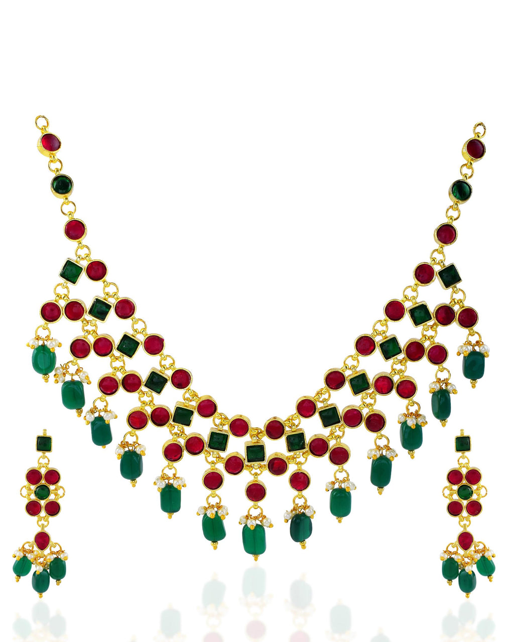 Statement Kundan Bib Necklace Set | Red Green Bridal Jewelry, Gold Tone Earrings