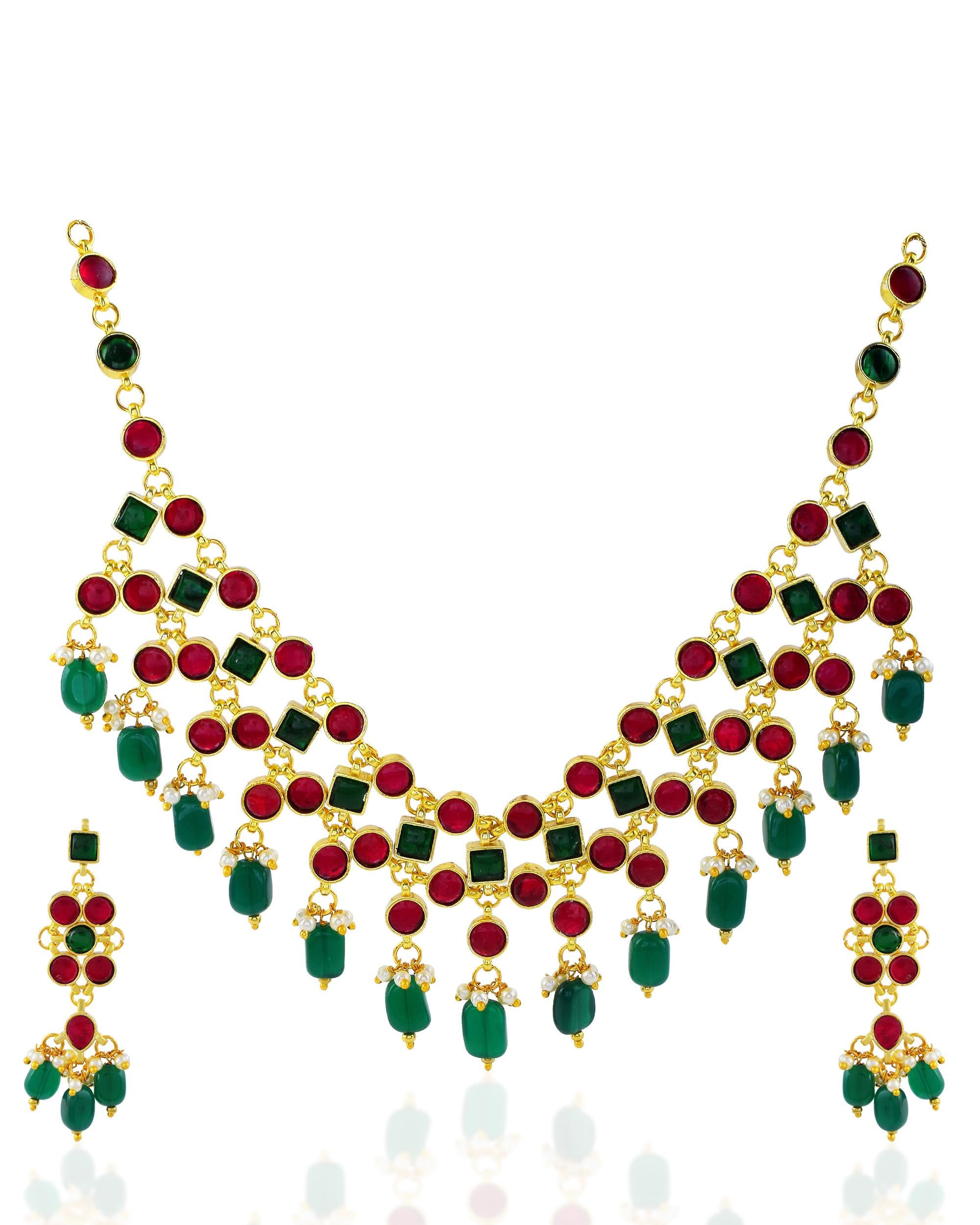 Statement Kundan Bib Necklace Set | Red Green Bridal Jewelry, Gold Tone Earrings