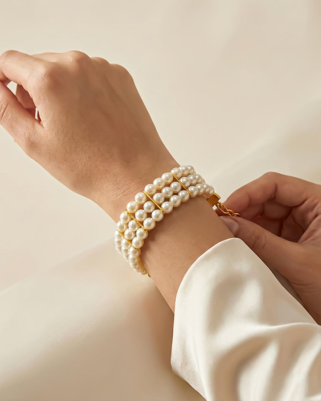 Multi Strand Ivory Pearl Bracelet, Gold Plated, Elegant Bridal Wedding Jewelry