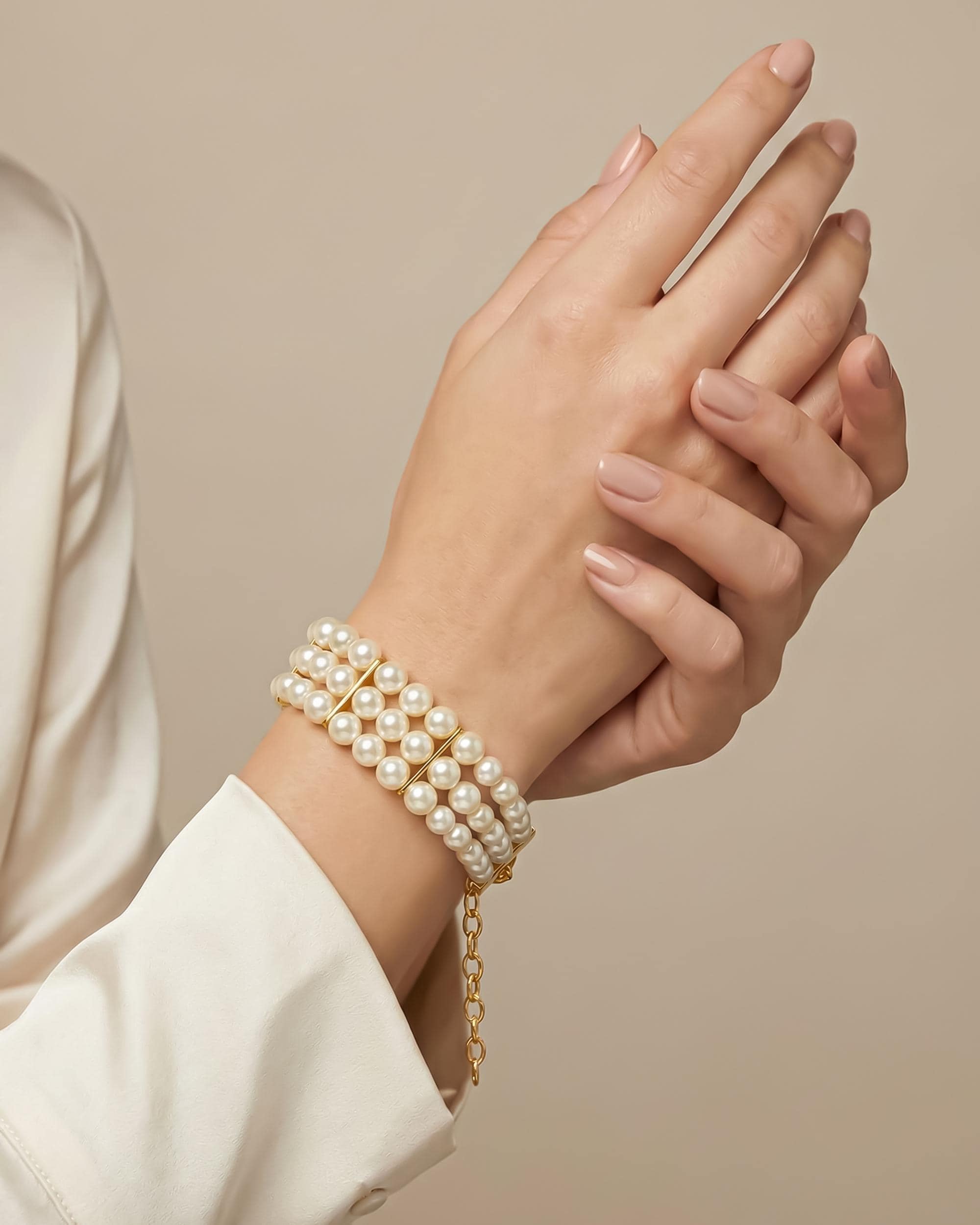 Multi Strand Ivory Pearl Bracelet, Gold Plated, Elegant Bridal Wedding Jewelry