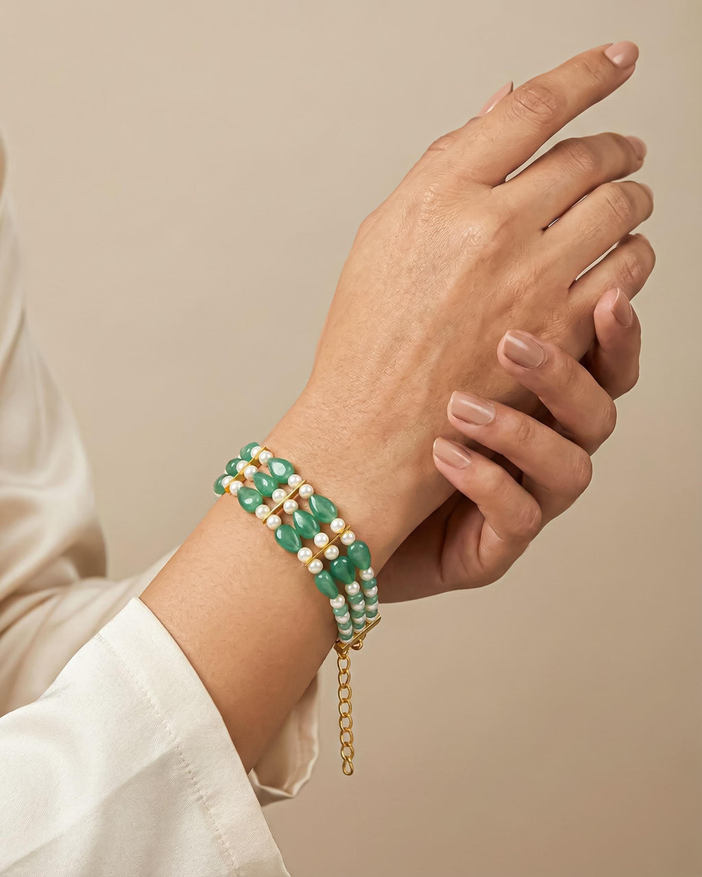 Three Strand Green Stone Pearl Bracelet, Gold Plated Ethnic Bridal Jewelry