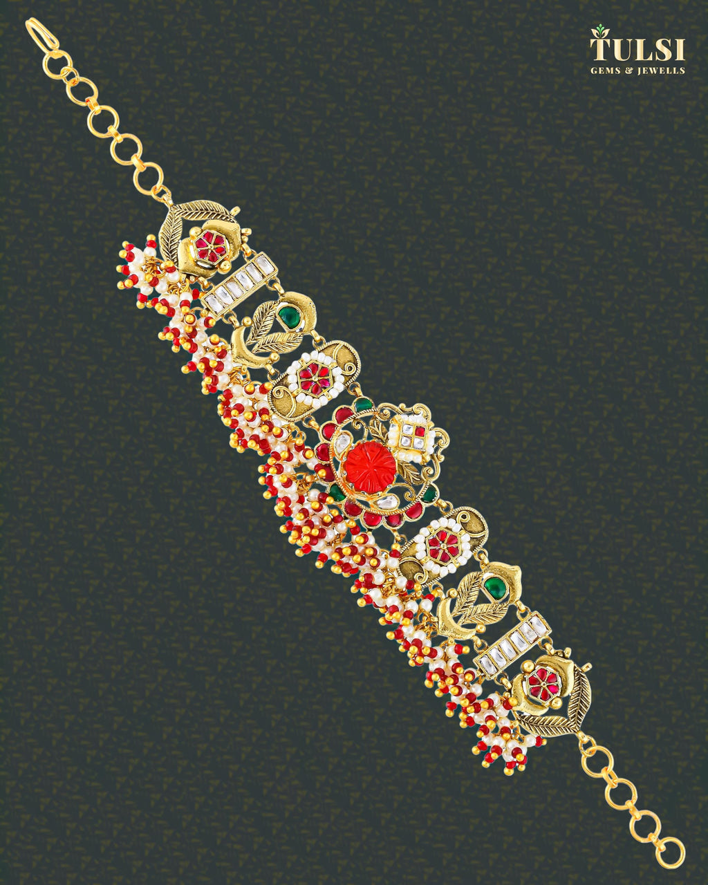 Antique Gold-Plated Pachi Kundan Bracelet, Red Green Meenakari Ethnic Jewelry