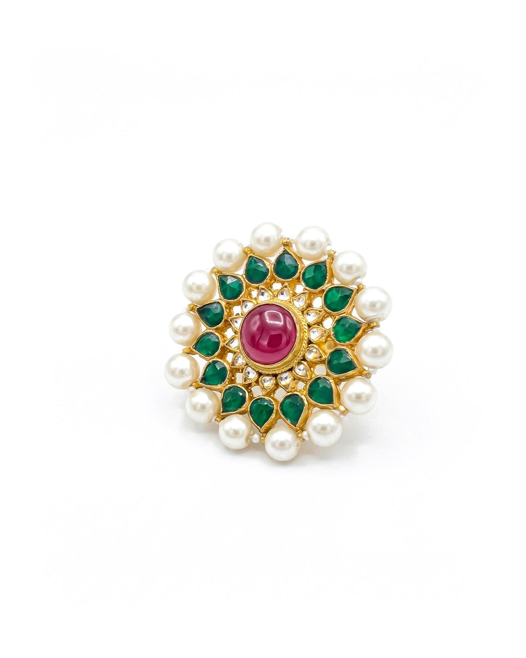 Gold Plated Pachi Kundan Ring, Red Green Pearl Statement Jewelry