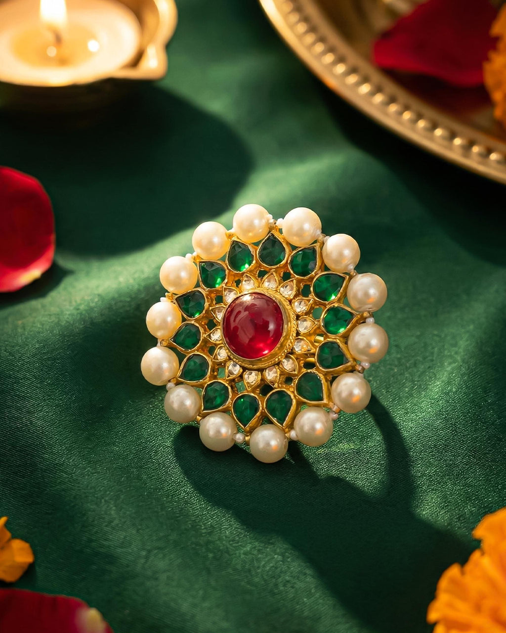 Gold Plated Pachi Kundan Ring, Red Green Pearl Statement Jewelry