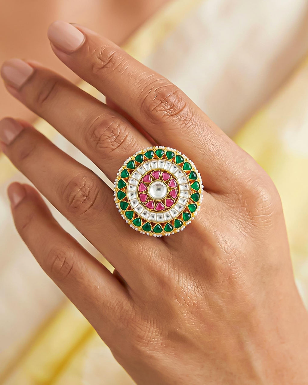 Gold Plated Pachi Kundan Statement Ring, Pearl Bridal Ethnic Jewelry