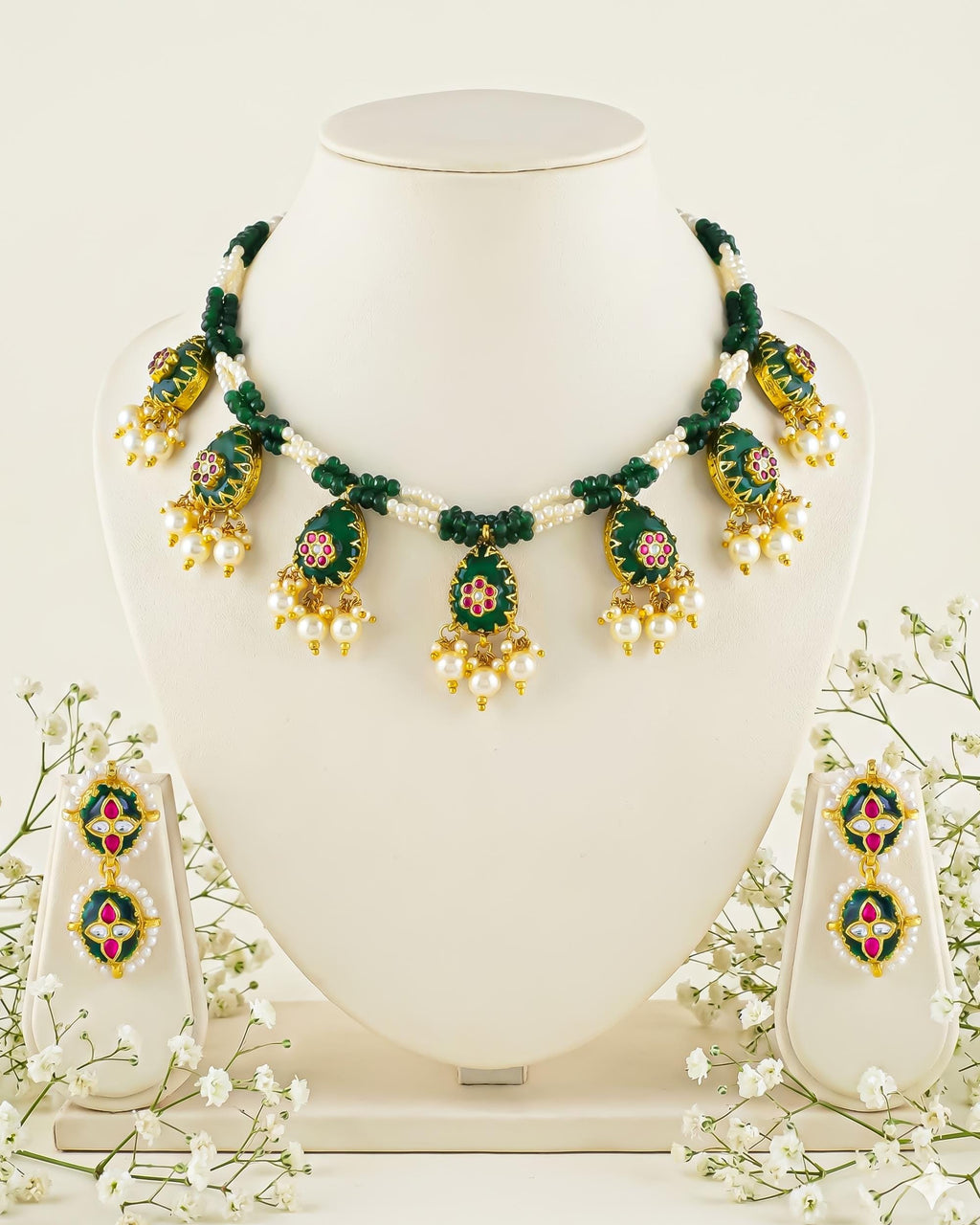 Green Meenakari Choker Necklace Set with Earrings, Indian Bridal Jewelry, Punjabi Kundan Choker, Pakistani Wedding Jewelry, Statement Set