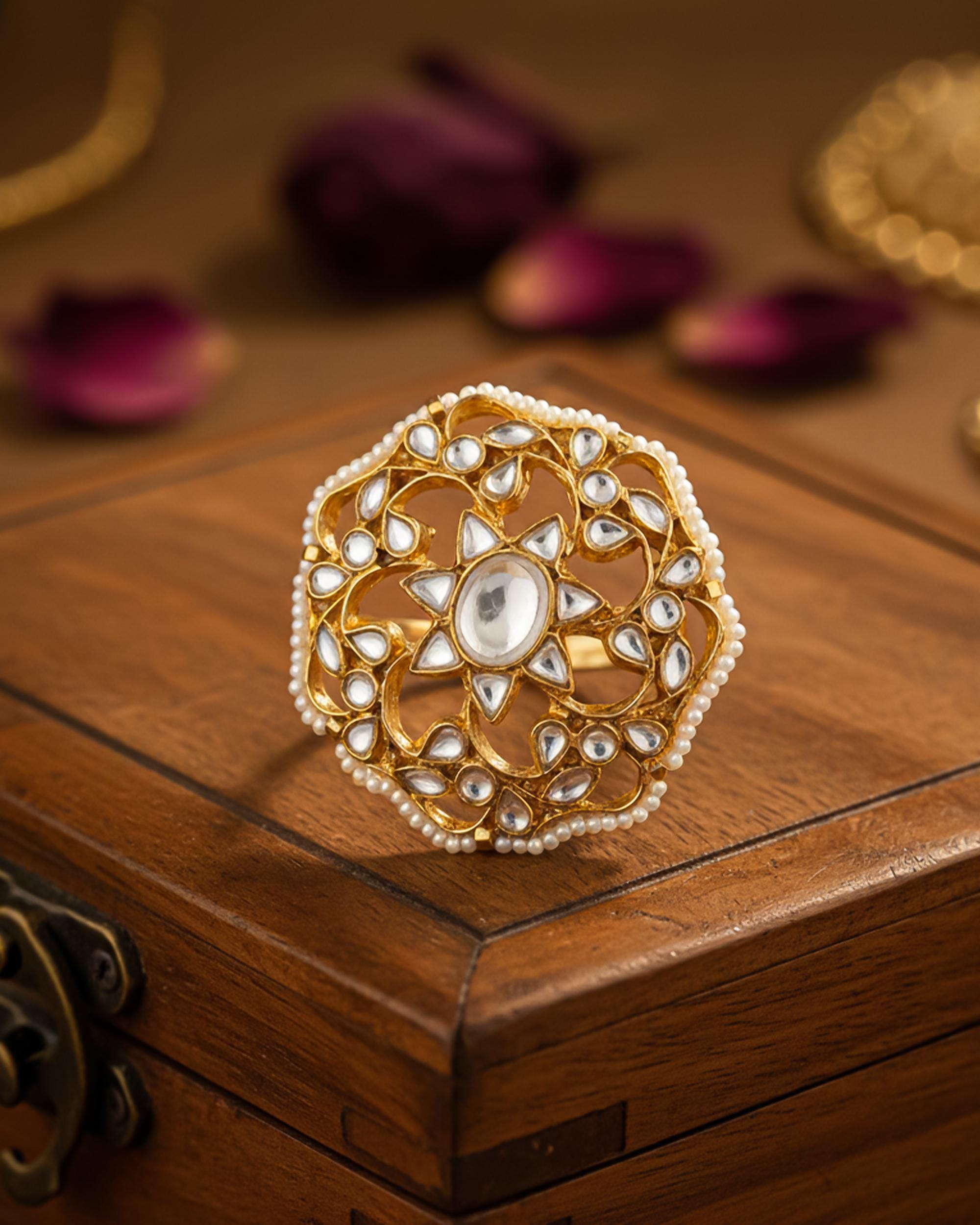 Gold-Plated Pachi Kundan Filigree Statement Ring, Pearl Border, Jaipur Heritage Jewelry