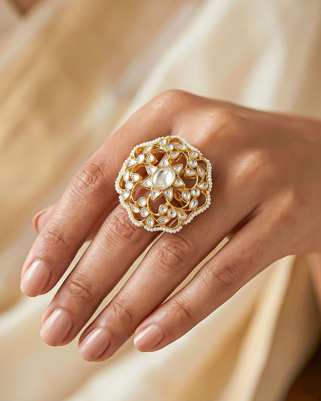 Gold-Plated Pachi Kundan Filigree Statement Ring, Pearl Border, Jaipur Heritage Jewelry