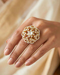 Gold-Plated Pachi Kundan Filigree Statement Ring, Pearl Border, Jaipur Heritage Jewelry