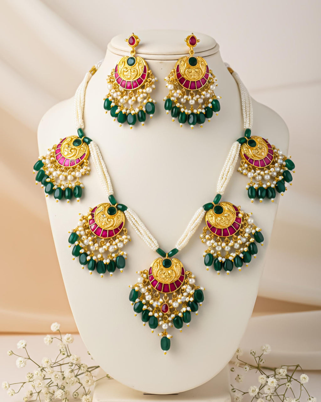 Royal Crescent Kundan Necklace Set | Pink Green Enamel Bridal Jewelry