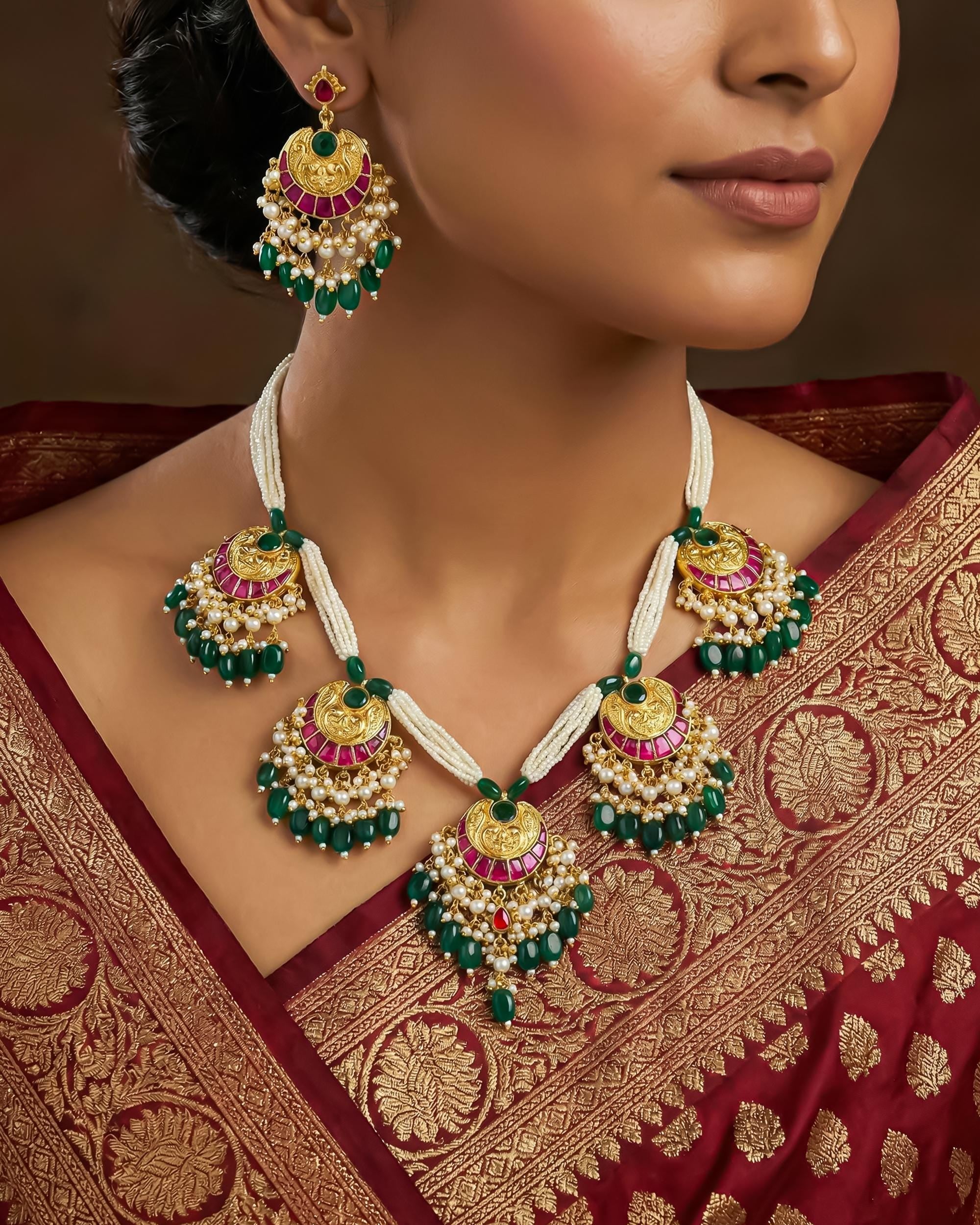 Royal Crescent Kundan Necklace Set | Pink Green Enamel Bridal Jewelry