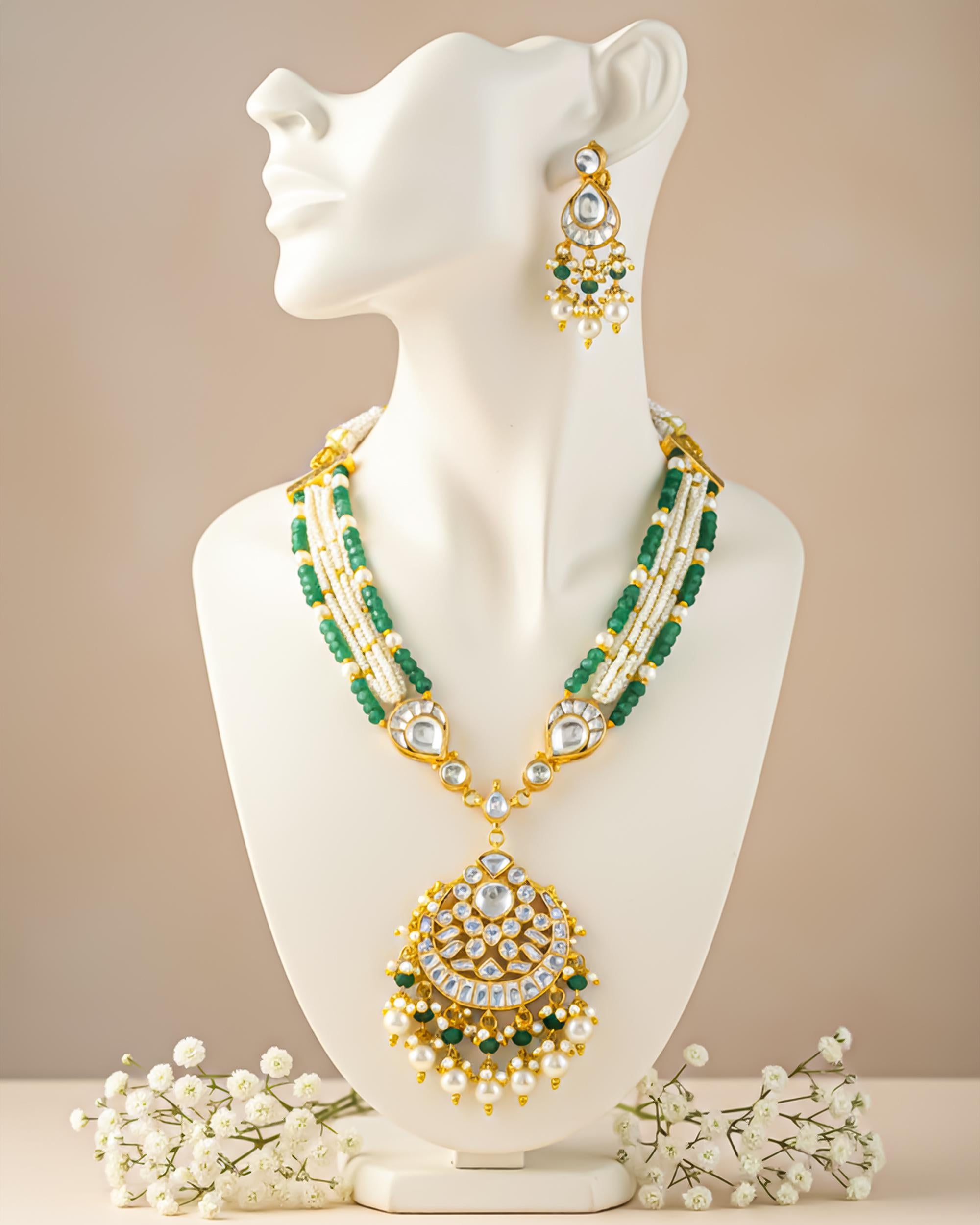 Multi-Strand Beaded Necklace Set with Statement Pendant, Ethnic Festive Jewelry