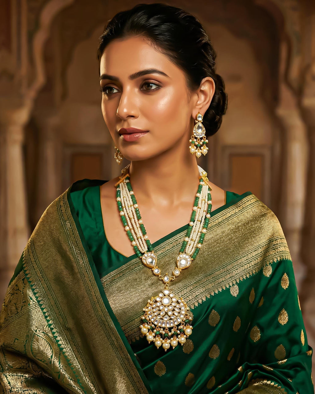 Multi-Strand Beaded Necklace Set with Statement Pendant, Ethnic Festive Jewelry