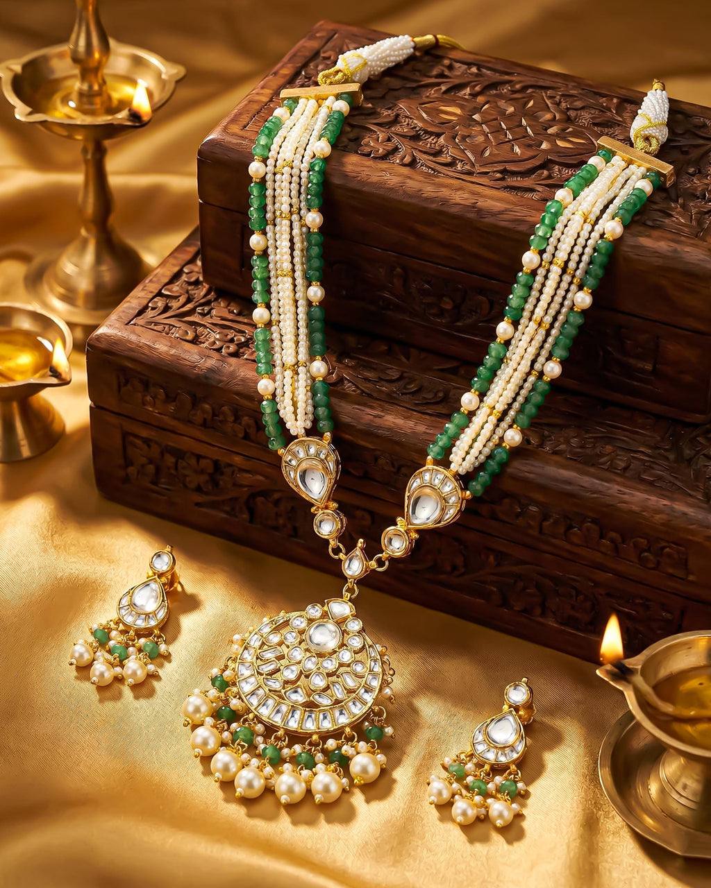 Multi-Strand Beaded Necklace Set with Statement Pendant, Ethnic Festive Jewelry