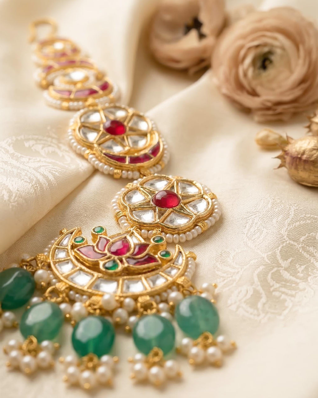 bridal chotti Gold-Tone Chotti Hair Accessory | Indian Bridal Jada Billa, Pink Green Stones