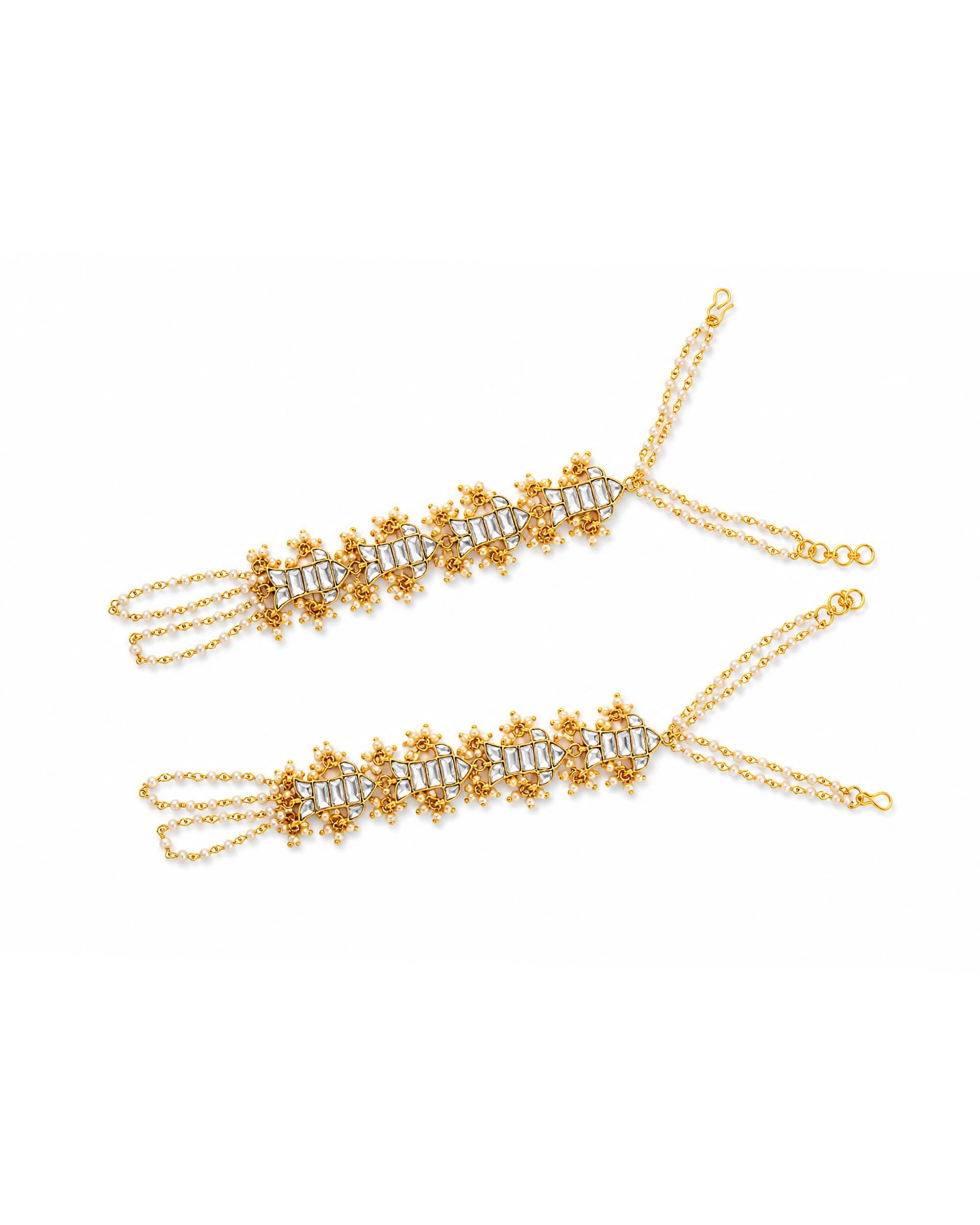 Kundan Hathphool Hand Harness | Gold-Tone Pearl Bridal Hand Jewelry