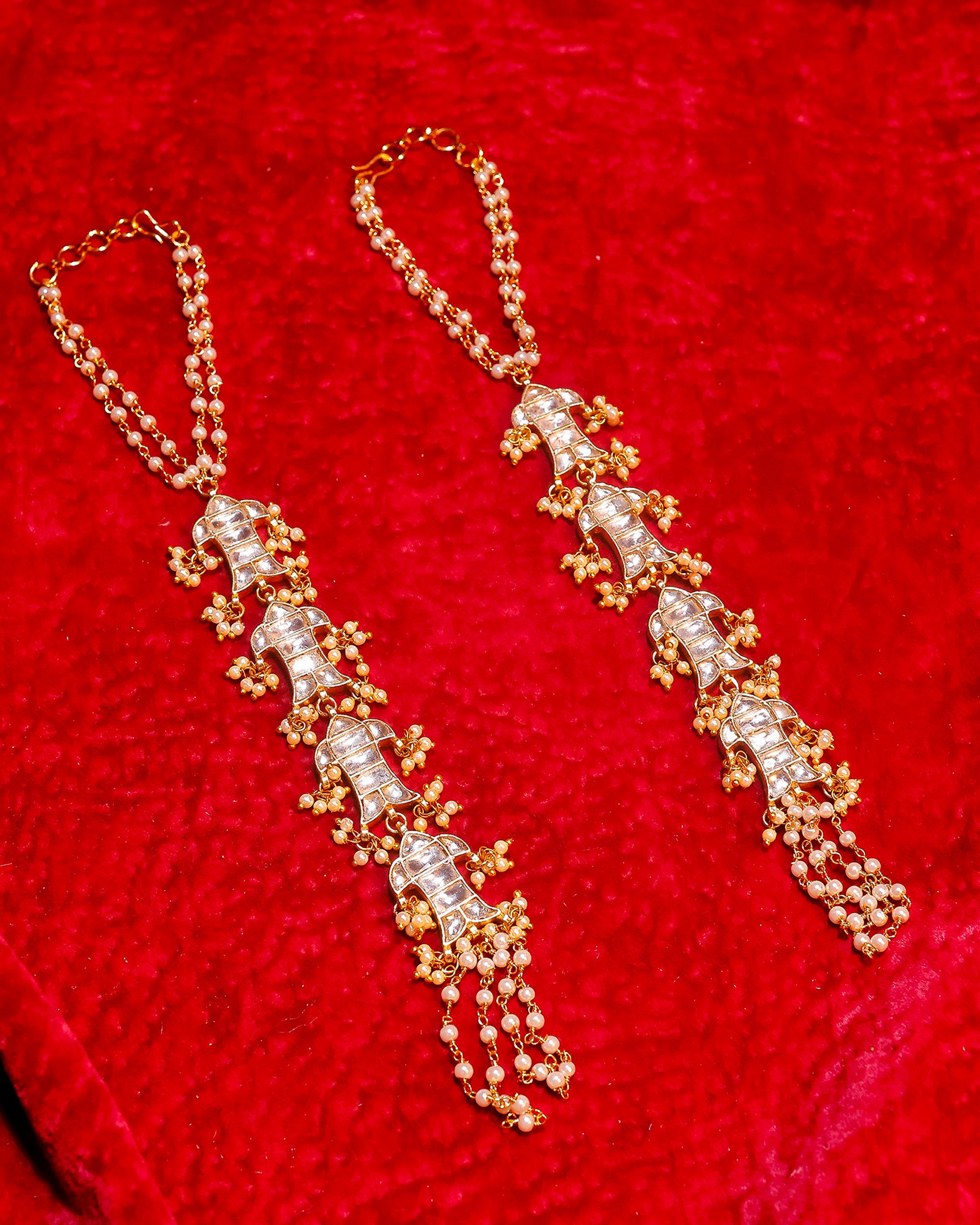 Kundan Hathphool Hand Harness | Gold-Tone Pearl Bridal Hand Jewelry