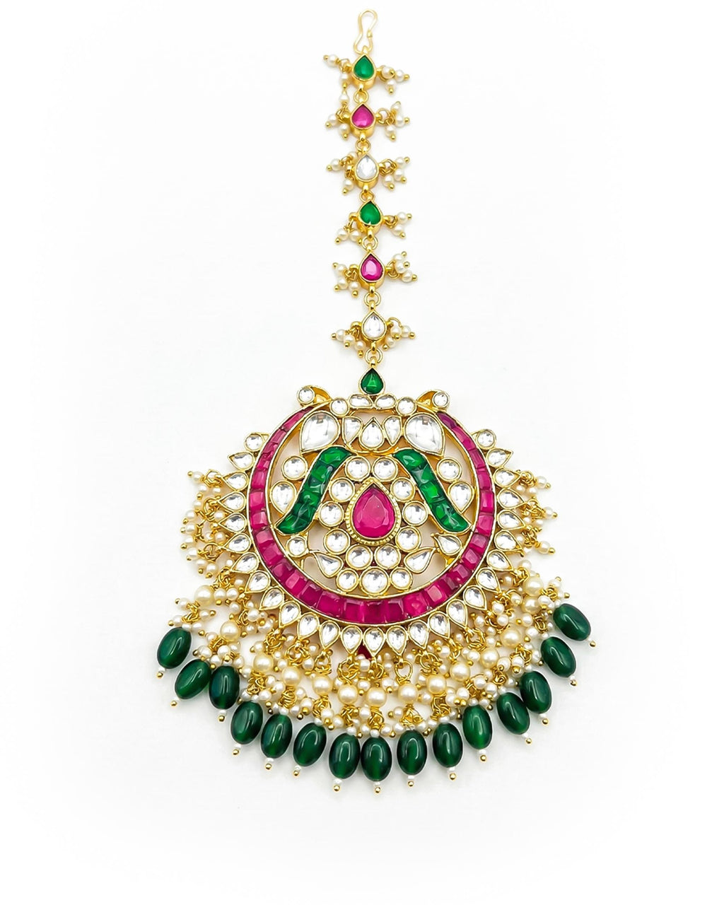 Kundan Mang Tikka | Red Emerald Pearl Bridal Headpiece, Festive Hair Jewelry