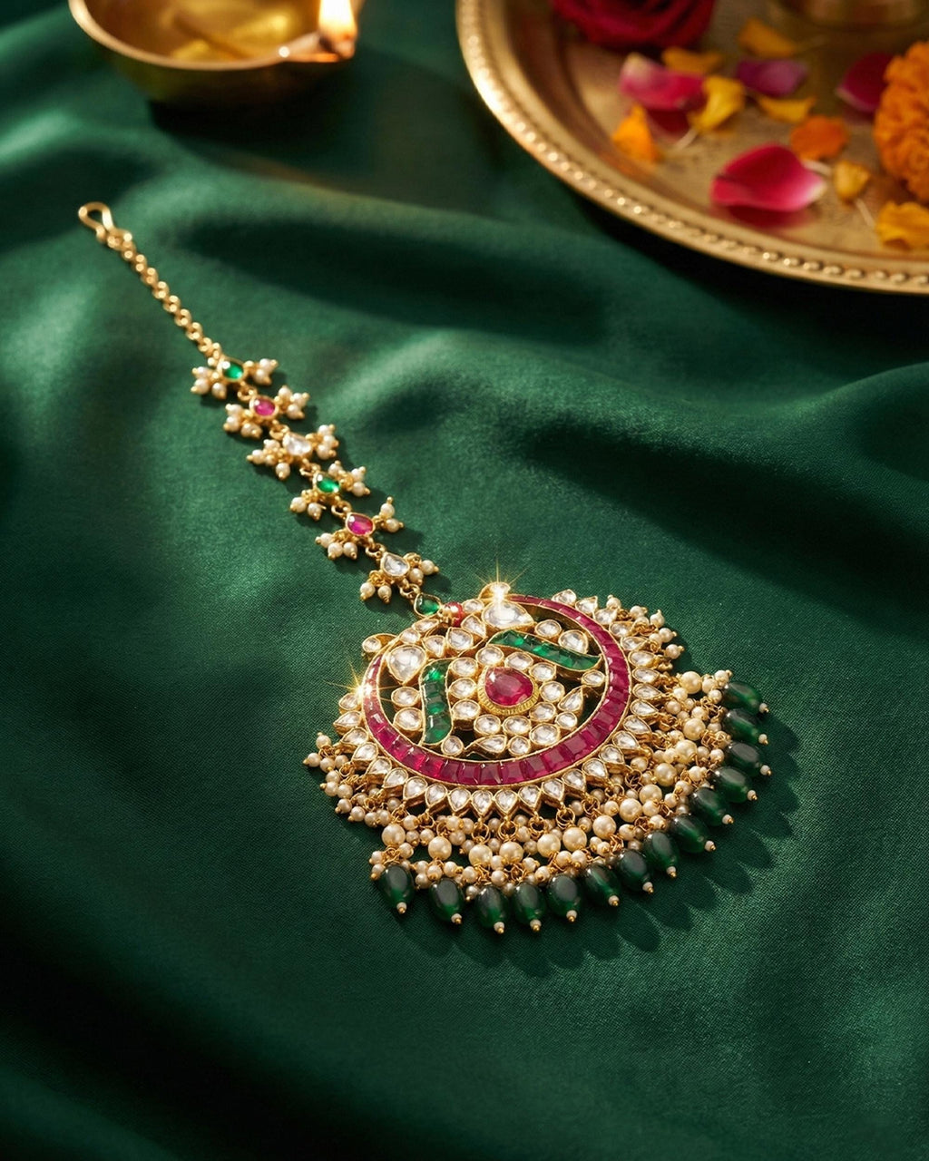 Kundan Mang Tikka | Red Emerald Pearl Bridal Headpiece, Festive Hair Jewelry