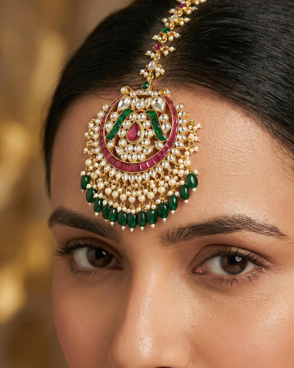 Kundan Mang Tikka | Red Emerald Pearl Bridal Headpiece, Festive Hair Jewelry