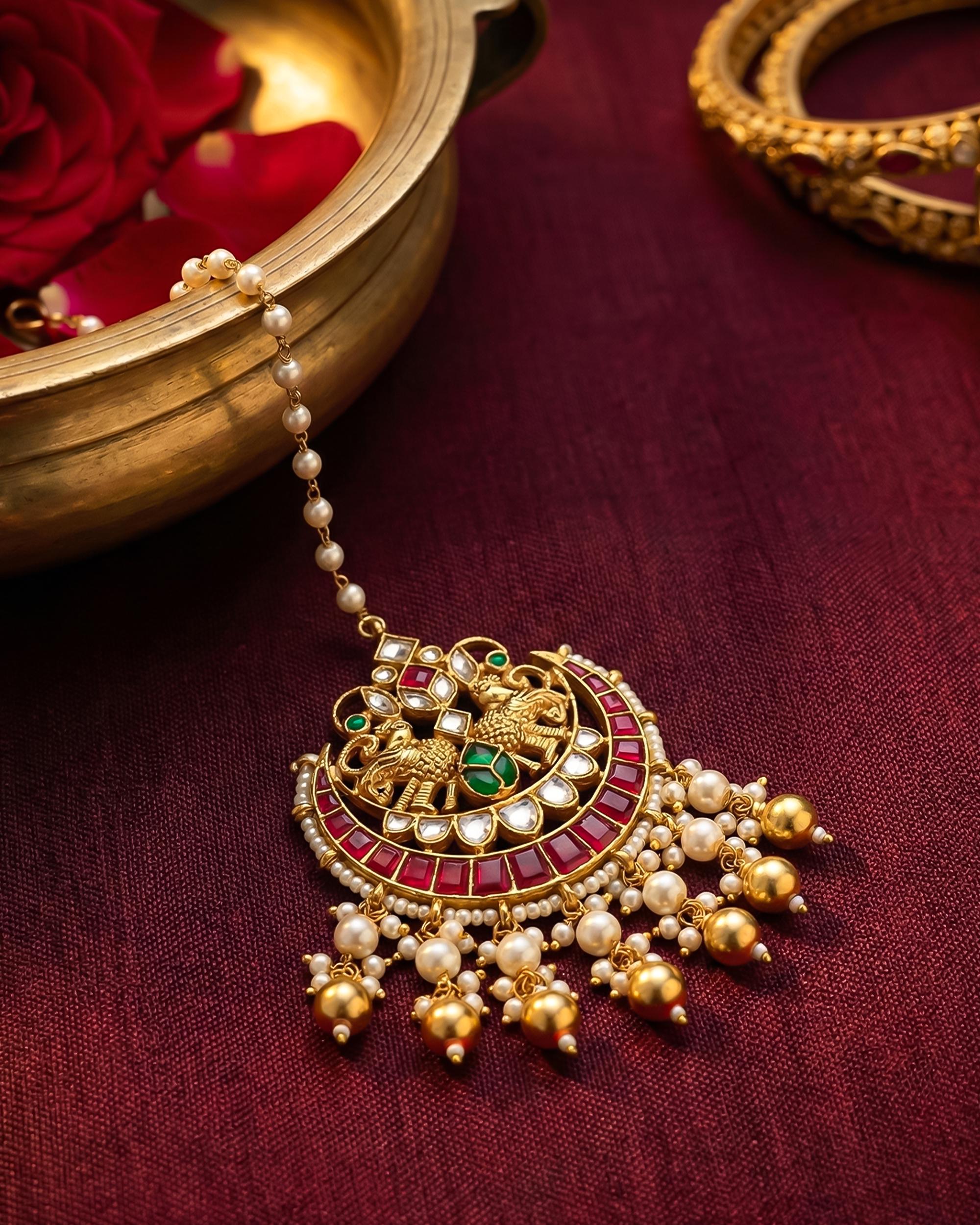 Traditional Kundan Mang Tikka | Peacock Ruby Red Emerald Pearl Gold Bridal Headpiece